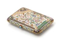 A Russian Enameled Silver Cigarette Case, Maker's mark Cyrillic IZh, Moscow, late 19th/early 20th century, the case worked with floral