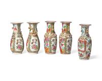 Five Chinese Export Porcelain Rose Medallion Vases