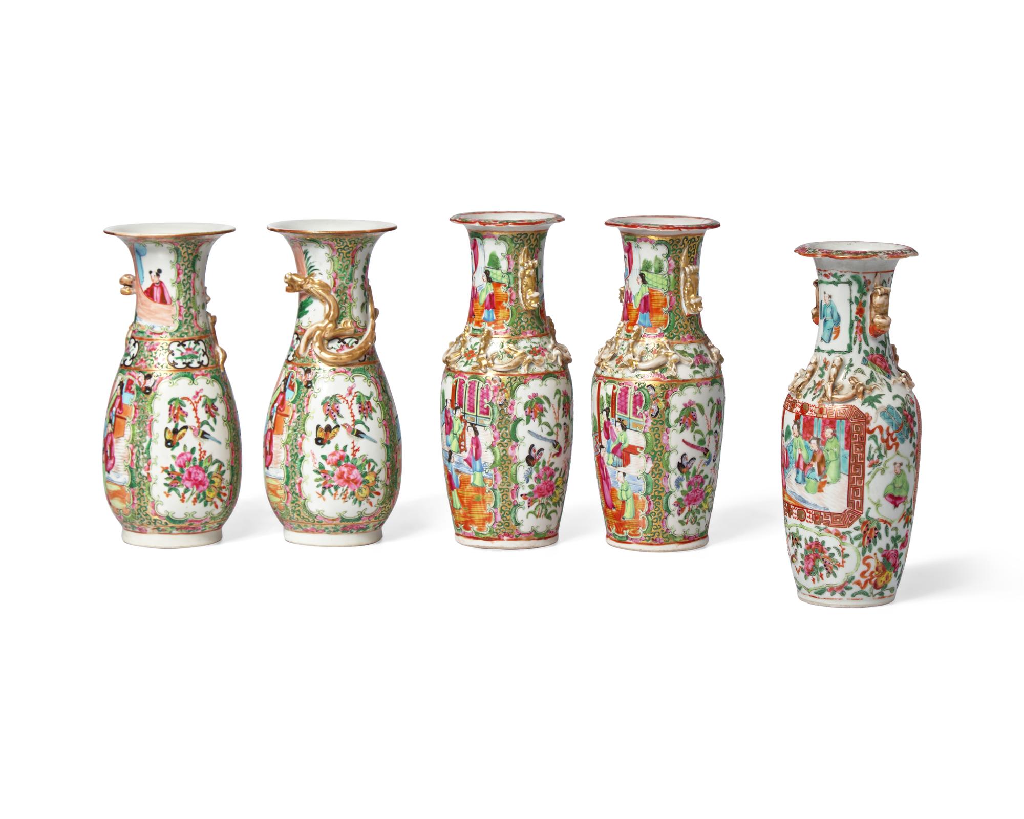 Five Chinese Export Porcelain Rose Medallion Vases