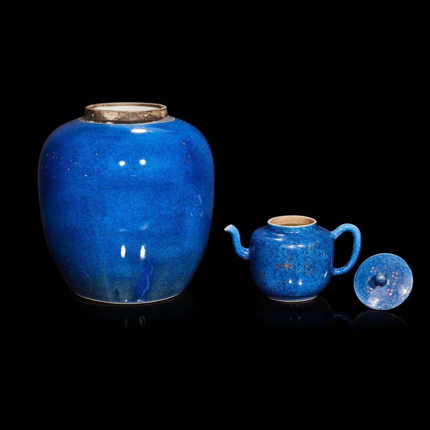 A Chinese powder-blue glazed teapot and cover and an ovoid jar 18th/19th century
