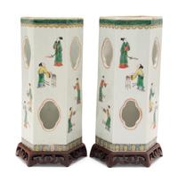 A Pair of Chinese Famille Verte Porcelain Hat Holders