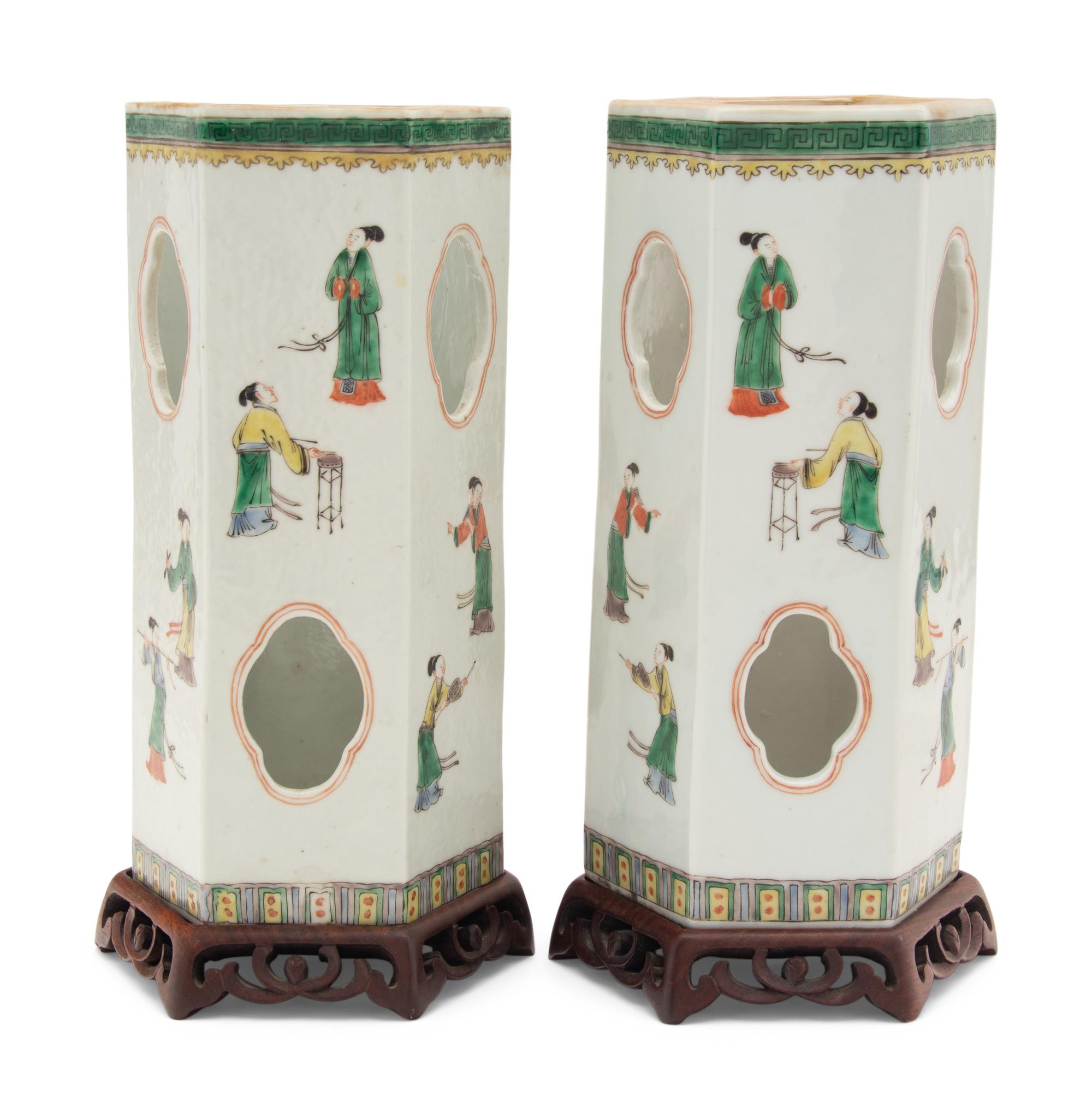 A Pair of Chinese Famille Verte Porcelain Hat Holders