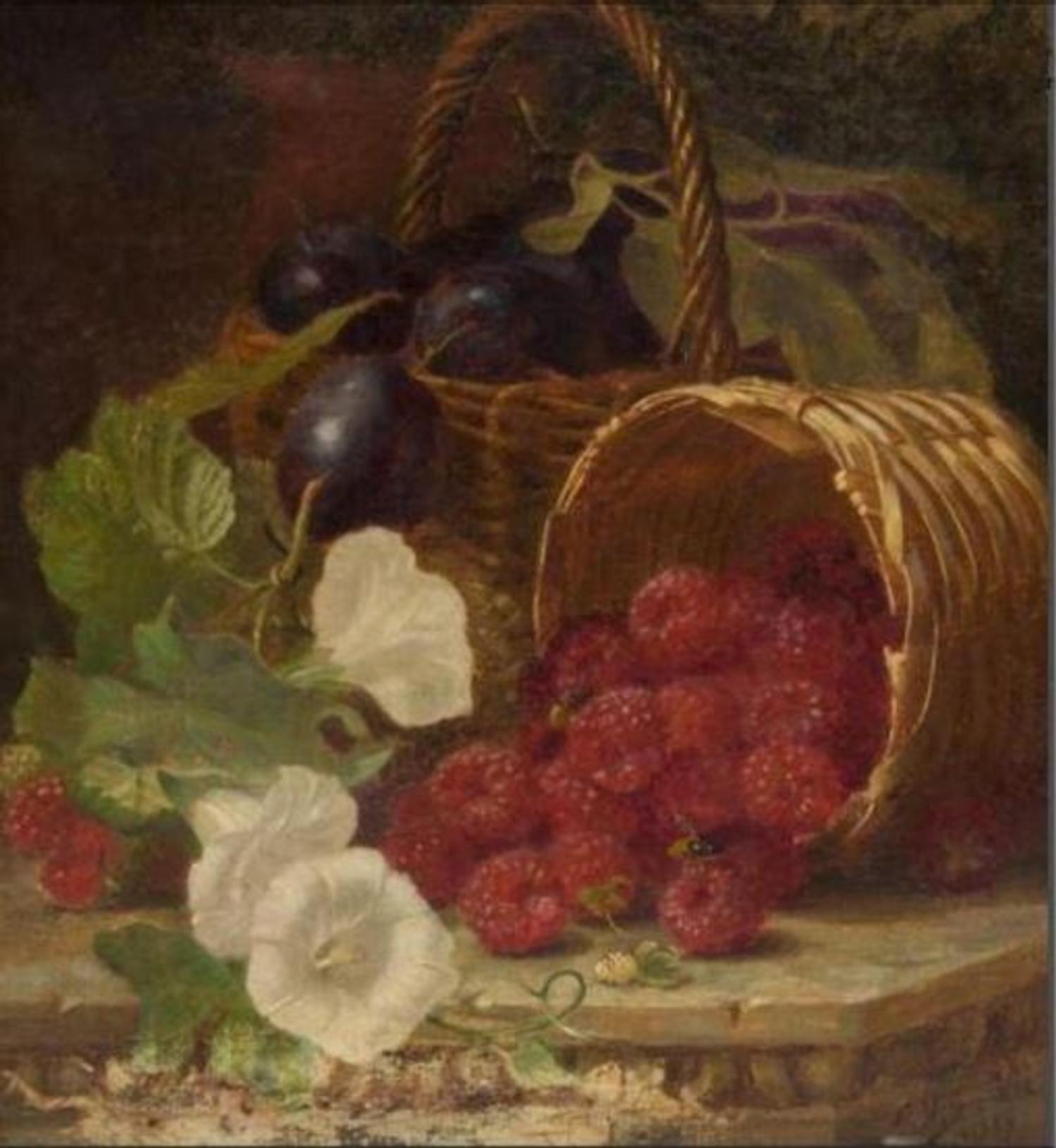 Raspberries and Plums in Basket