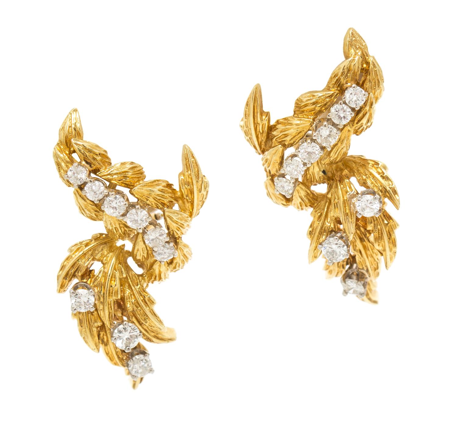 A Pair of 18 Karat Yellow Gold and Diamond Earclips, 9.90 dwts.