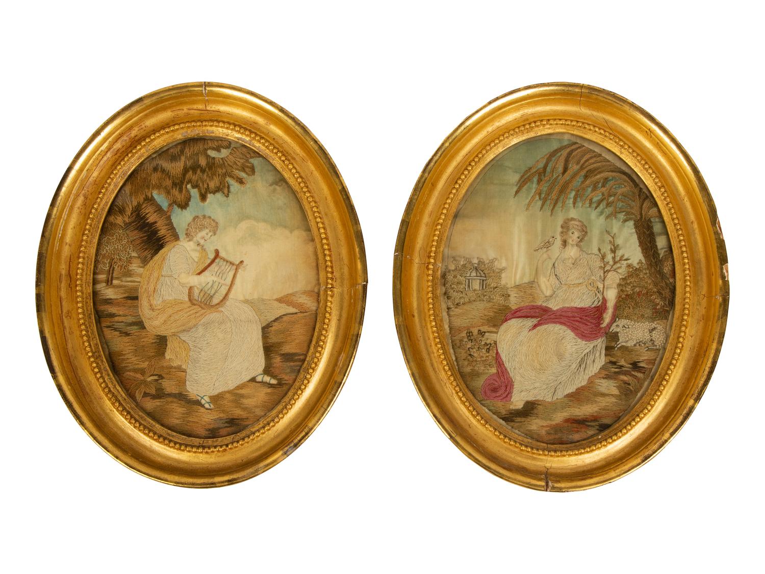 A Pair of English Silk Embroidered and Painted Pictures in Oval Giltwood Frames — 19TH CENTURY