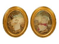 A Pair of English Silk Embroidered and Painted Pictures in Oval Giltwood Frames — 19TH CENTURY