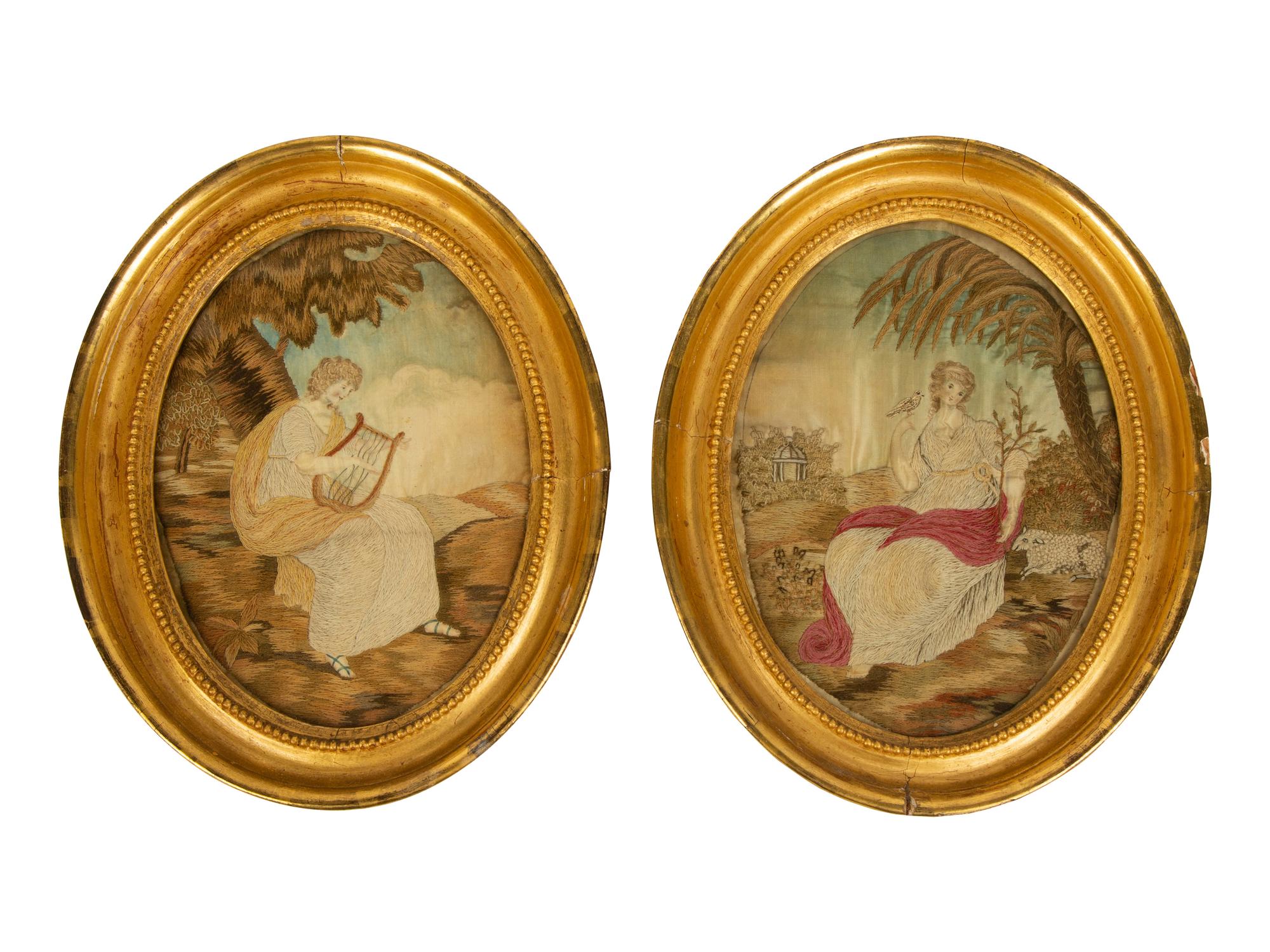 A Pair of English Silk Embroidered and Painted Pictures in Oval Giltwood Frames — 19TH CENTURY