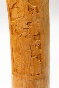A Pair of Chinese Export Carved Bone Tusks with Wood Bases