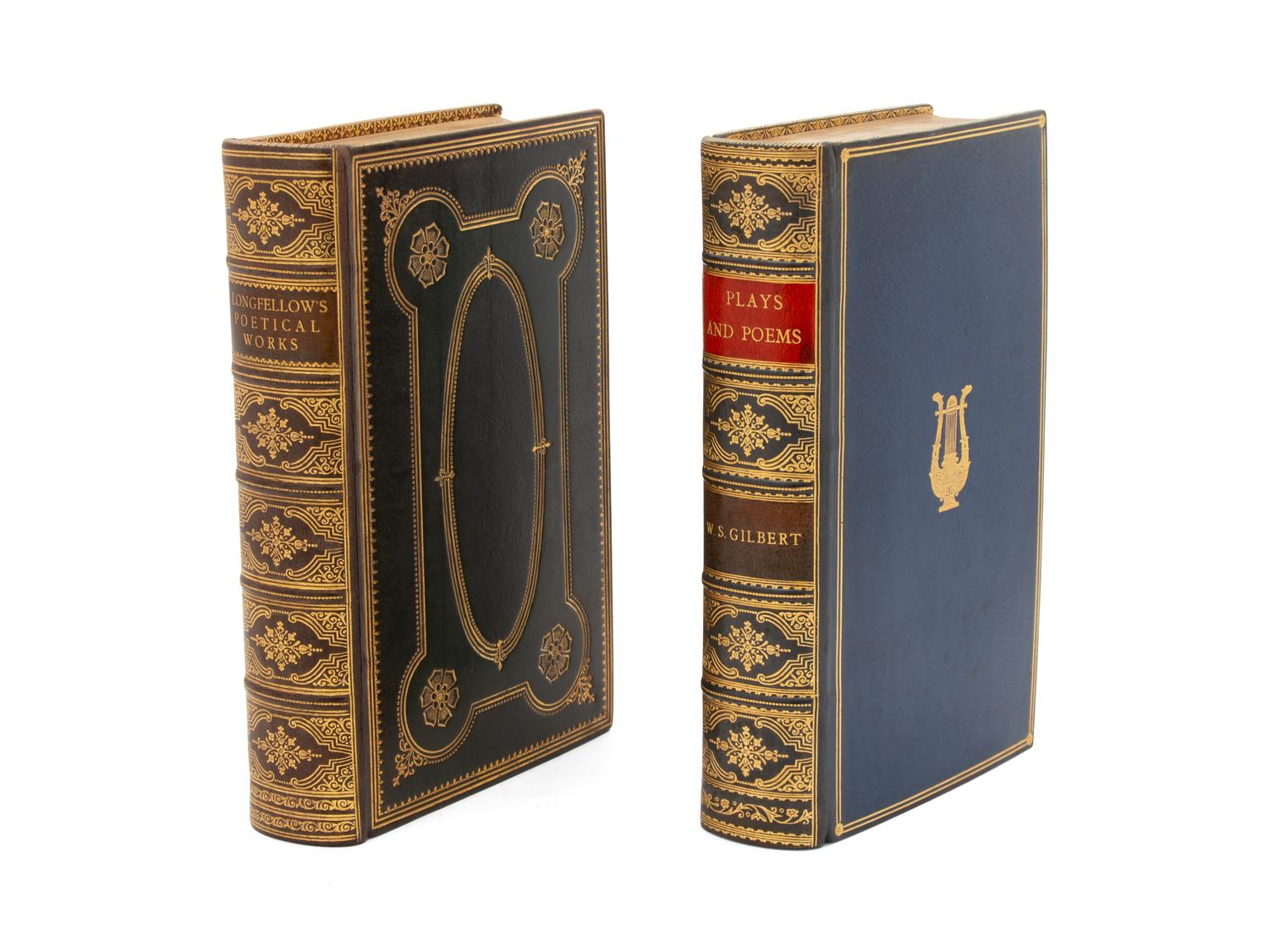 BINDINGS, Random House and Oxford University Press, Longfellow's Poetical Works, green and black calf with gilt tooling; and W. S. Gilbert, Plays and Poems, blue calf with gilt tooling.