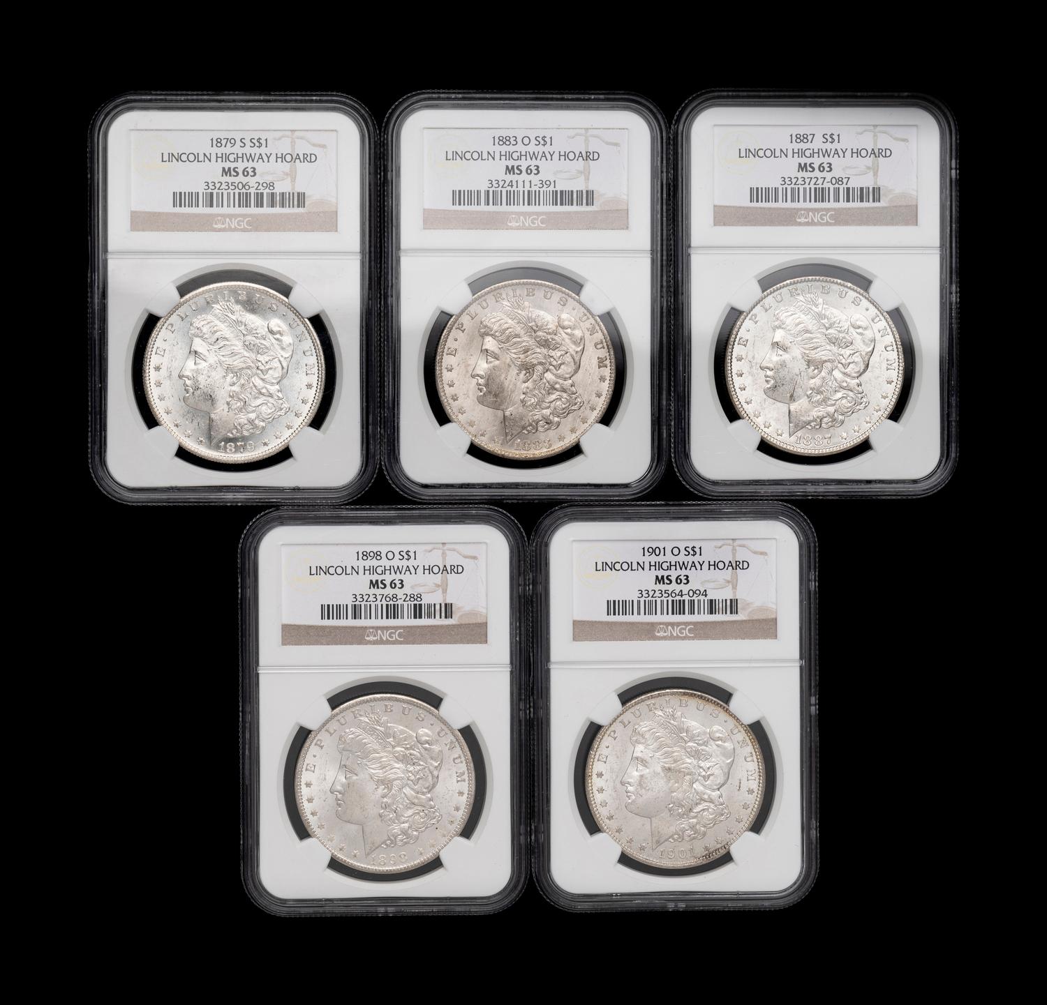 Five Morgan: Lincoln Highway Hoard $1 Coins (NGC MS63)