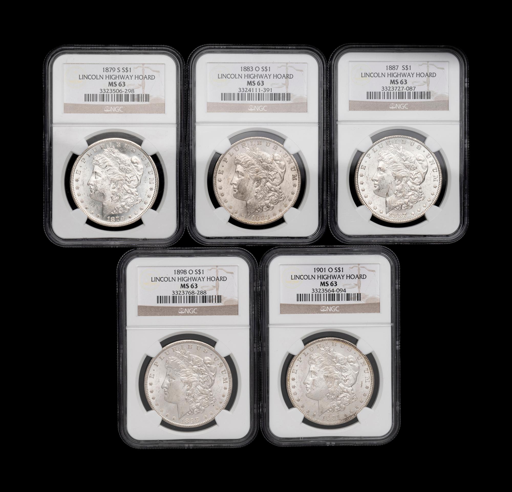 Five Morgan: Lincoln Highway Hoard $1 Coins (NGC MS63)