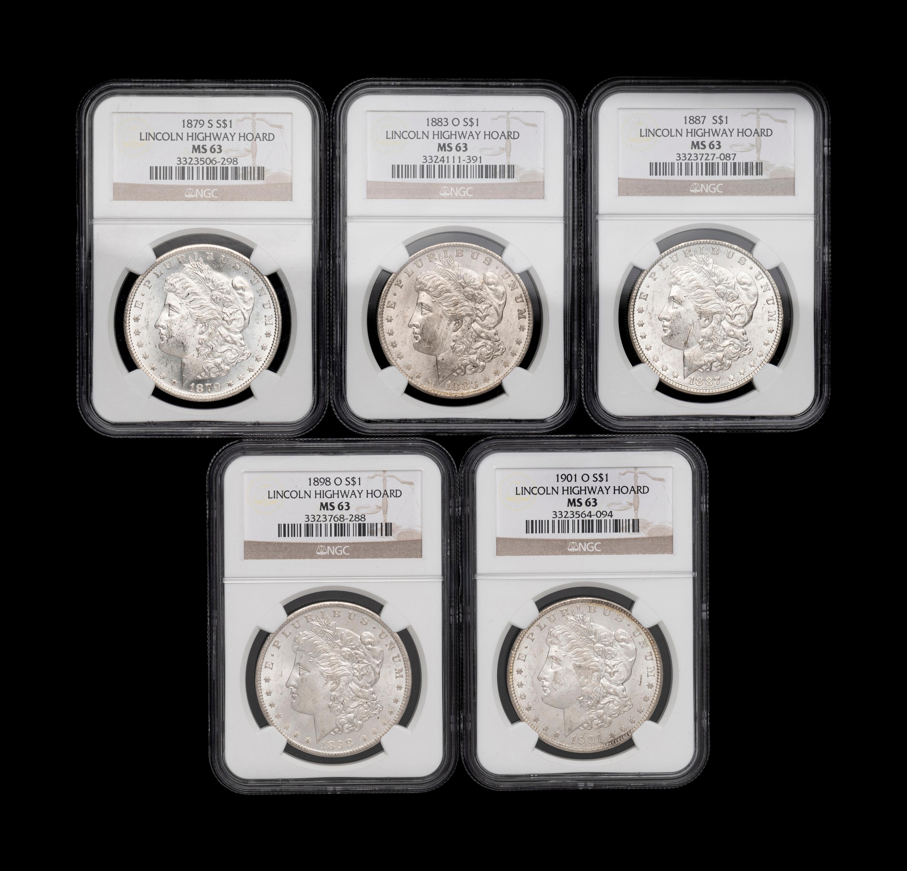 Five Morgan: Lincoln Highway Hoard $1 Coins (NGC MS63)