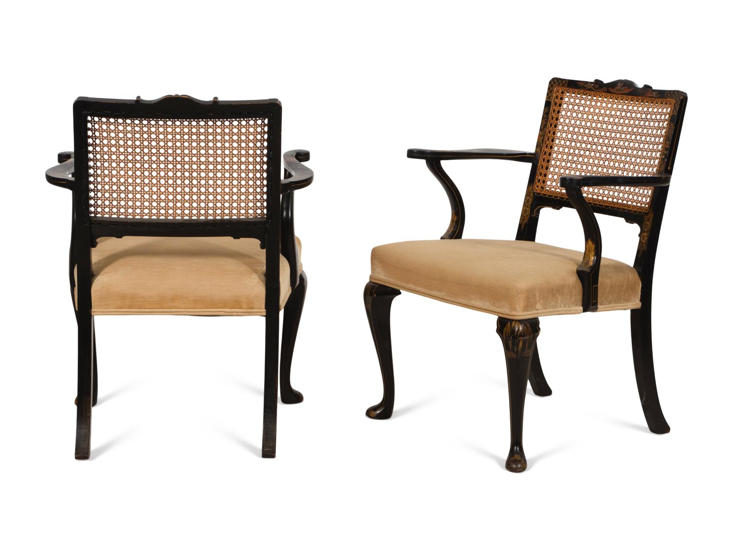 A Pair of Black and Gilt-Japanned Open Armchairs