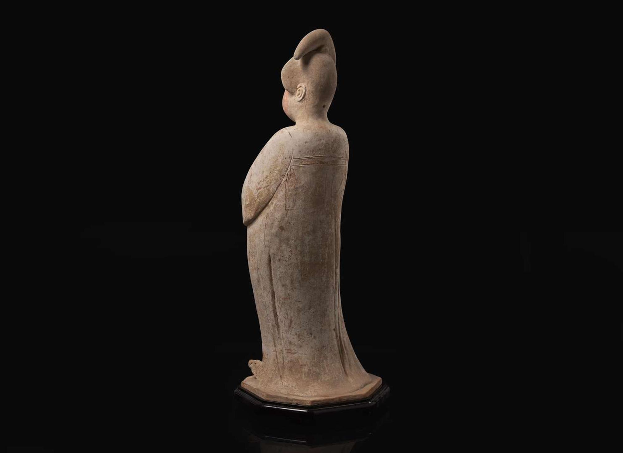 An impressive Chinese painted pottery model of a standing Court Lady, Tang dynasty 彩繪仕女 唐