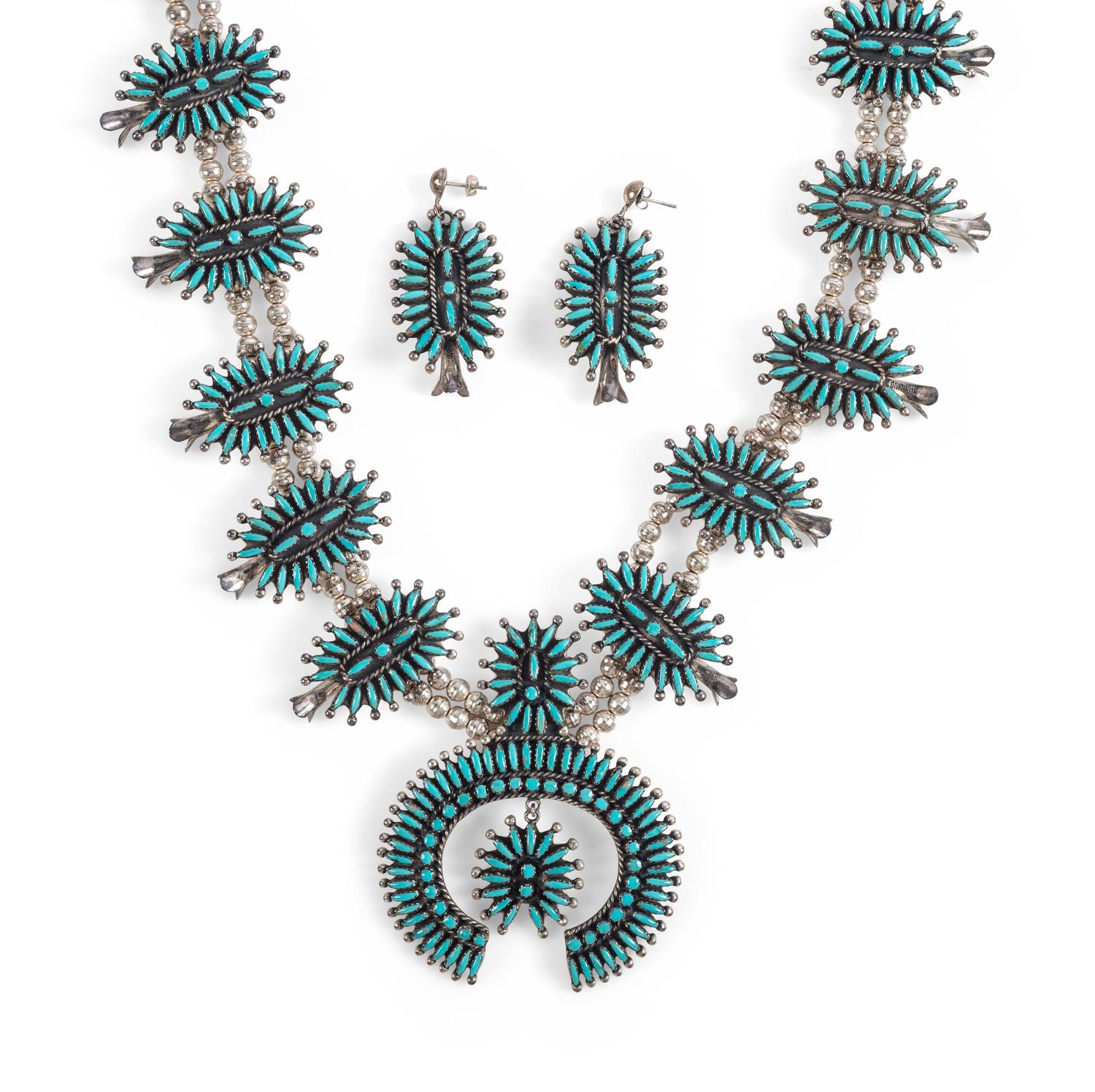 Zuni Petit Point Turquoise and Sterling Silver Squash Blossom Necklace and Post Earrings