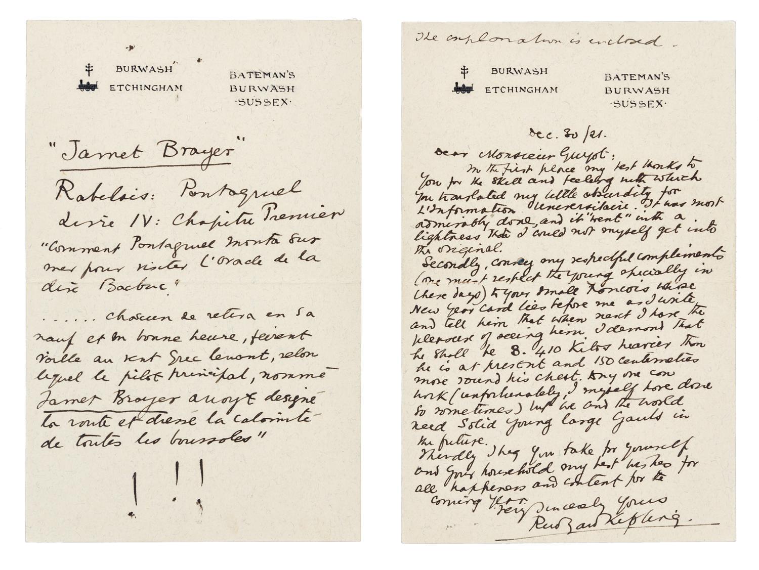KIPLING, Rudyard. Autographed letter signed ("Rudyard Kipling"), to Monsieur Guyot, Bateman's, Burwash, Sussex, 30 December 1921.