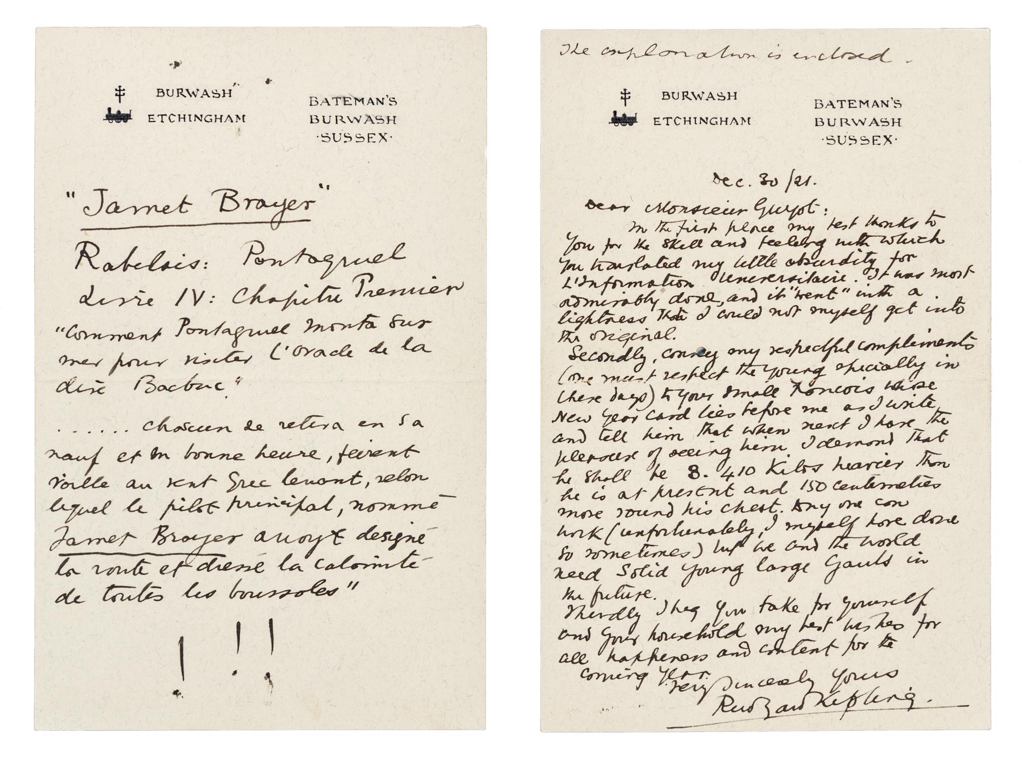 KIPLING, Rudyard. Autographed letter signed ("Rudyard Kipling"), to Monsieur Guyot, Bateman's, Burwash, Sussex, 30 December 1921.