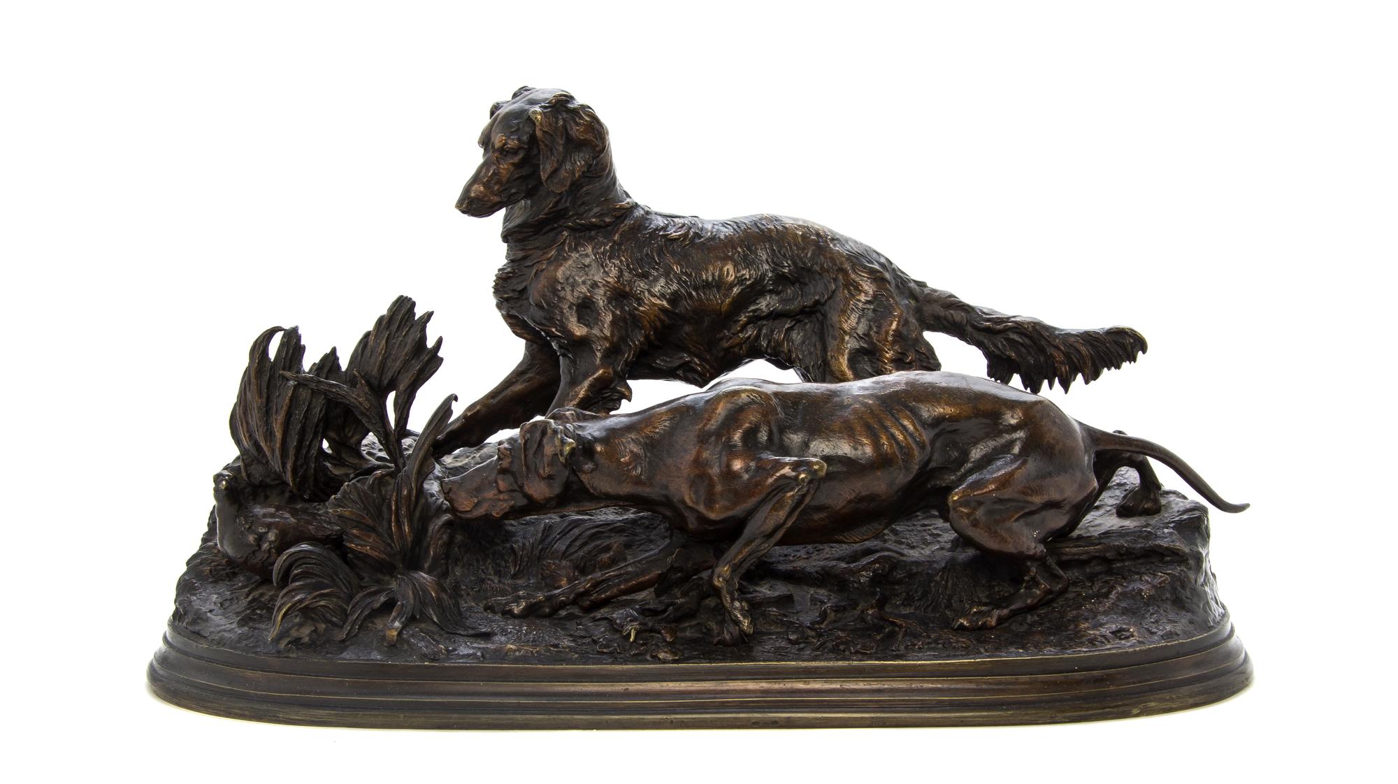 A French Bronze Animalier Group, after Pierre Jules Mene (1810-1879), Width overall 16 1/2 inches.