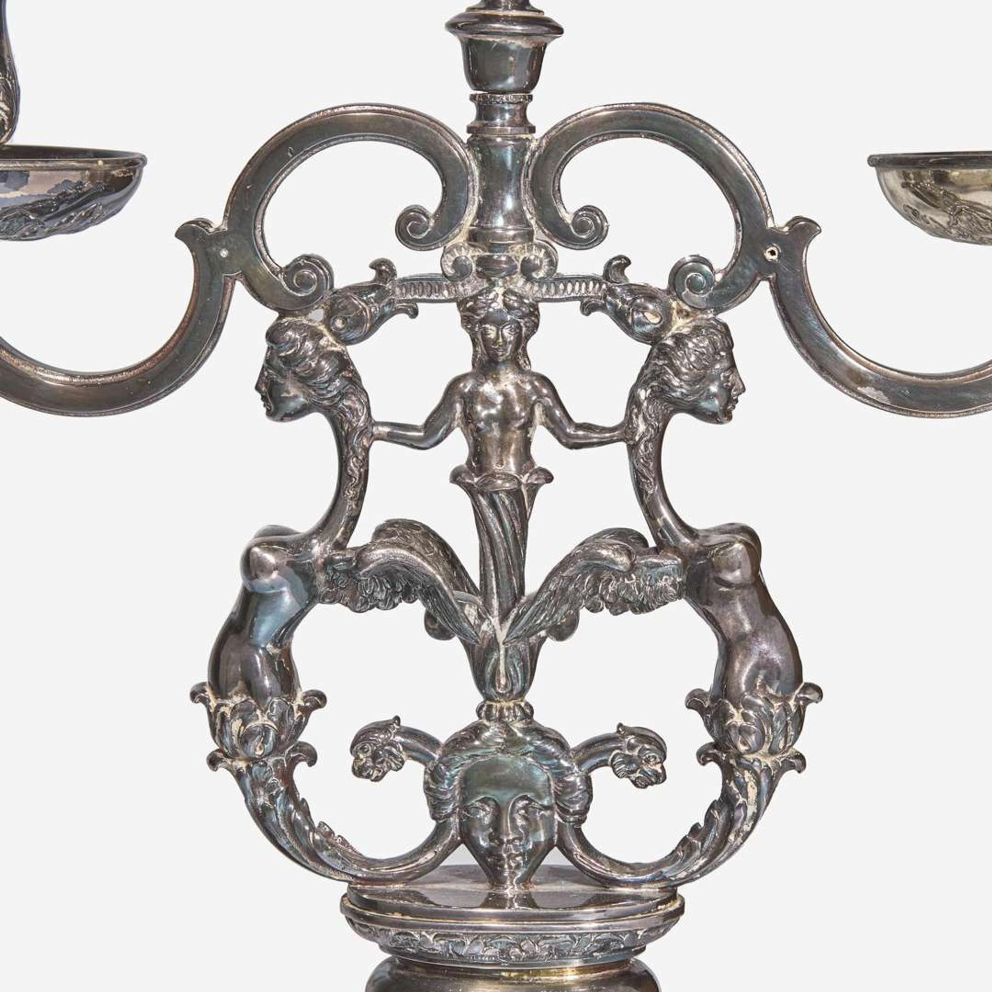 A pair of silver metal table lamps in the form of two-light candelabra Edward F. Caldwell & Co. (active 1895-1959), New York, NY, early 20th century