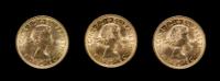 A Group of Three Great Britain 1957 Sovereign Gold Coins
