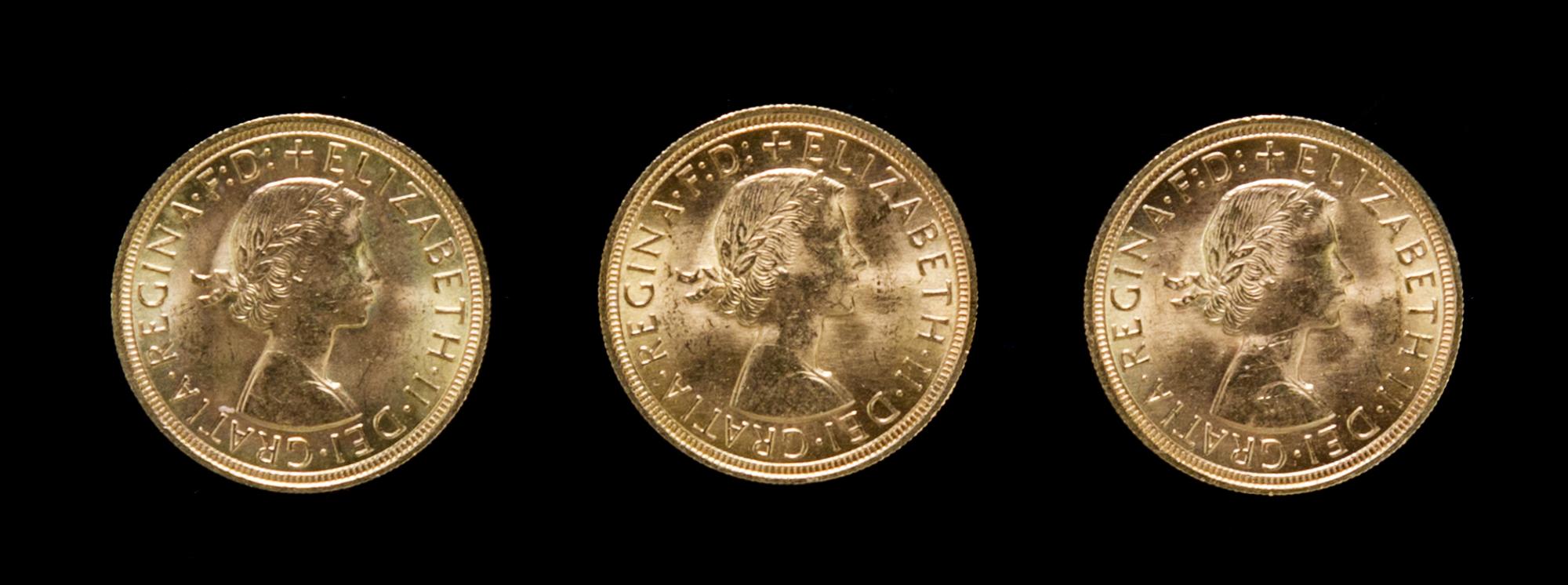 A Group of Three Great Britain 1957 Sovereign Gold Coins