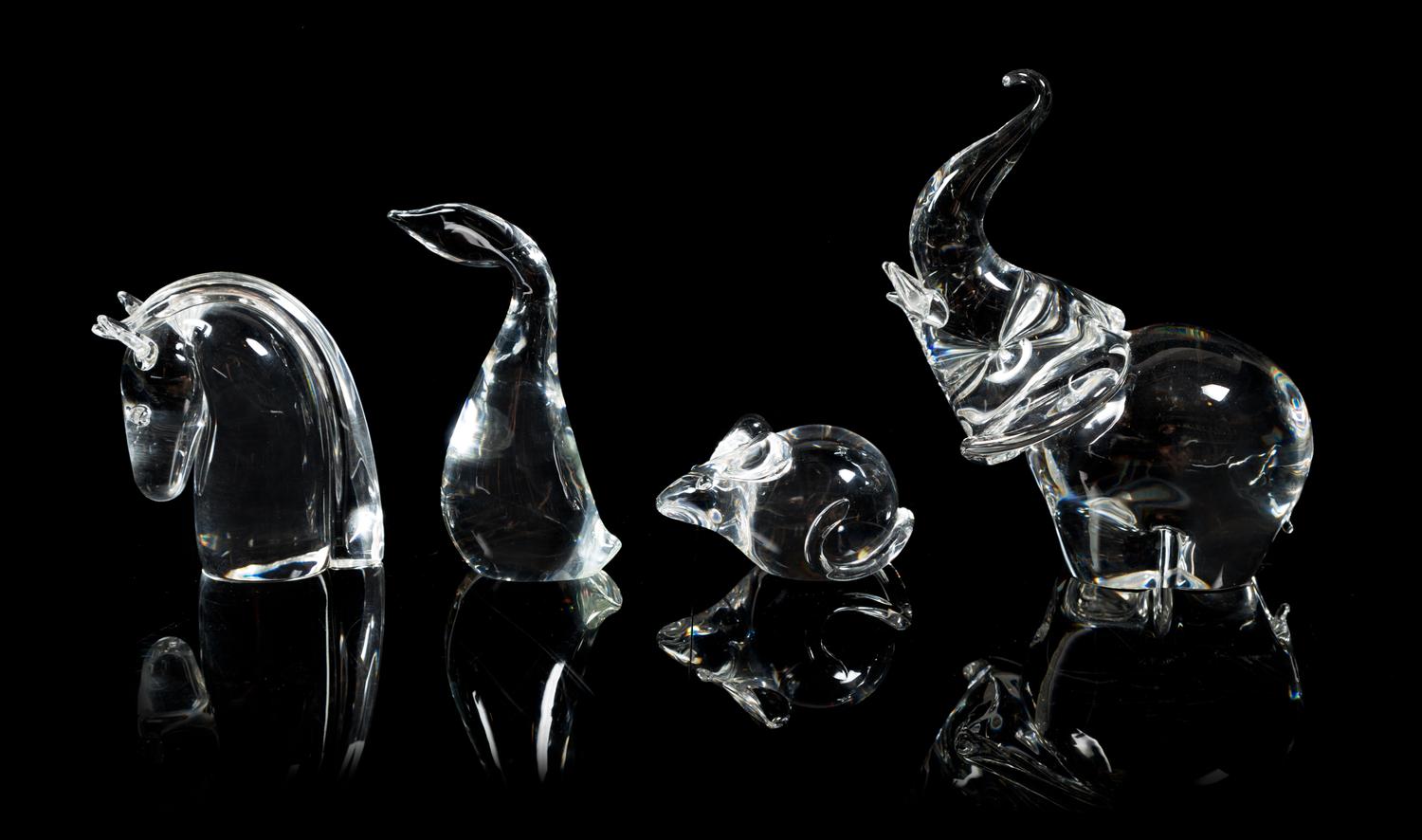 Steuben, a group of four figures, comprising a goose, mouse, horse head, and elephant
