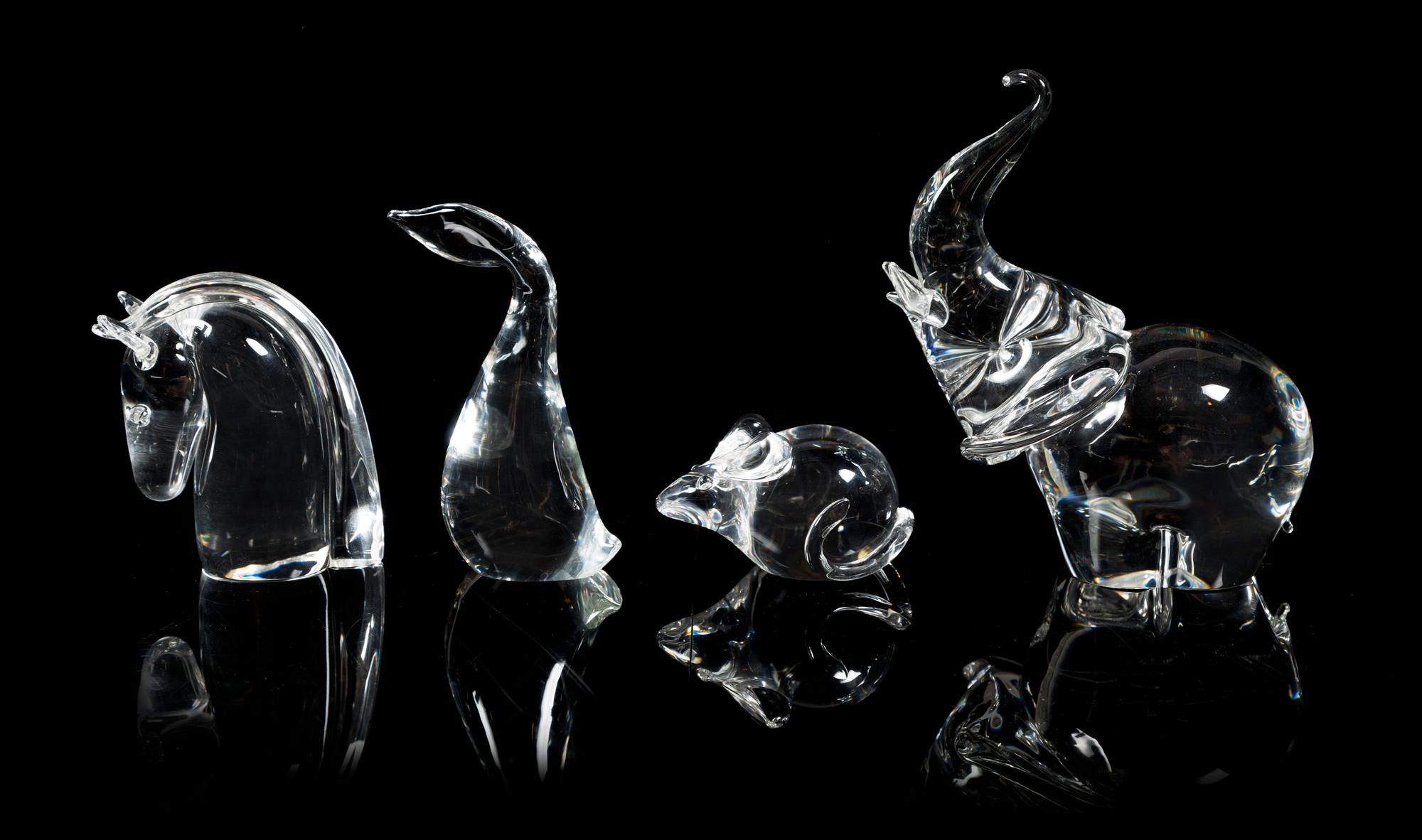 Steuben, a group of four figures, comprising a goose, mouse, horse head, and elephant