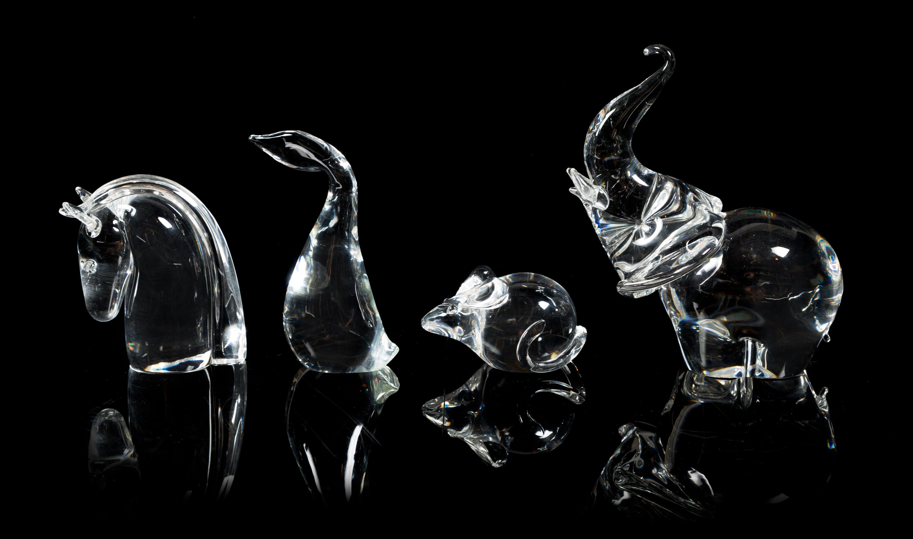 Steuben, a group of four figures, comprising a goose, mouse, horse head, and elephant