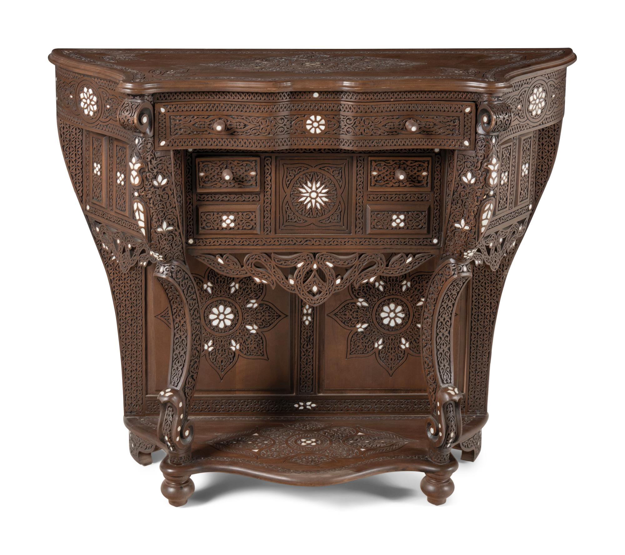A Syrian Mother-of-Pearl Inlaid Carved Walnut Console Table