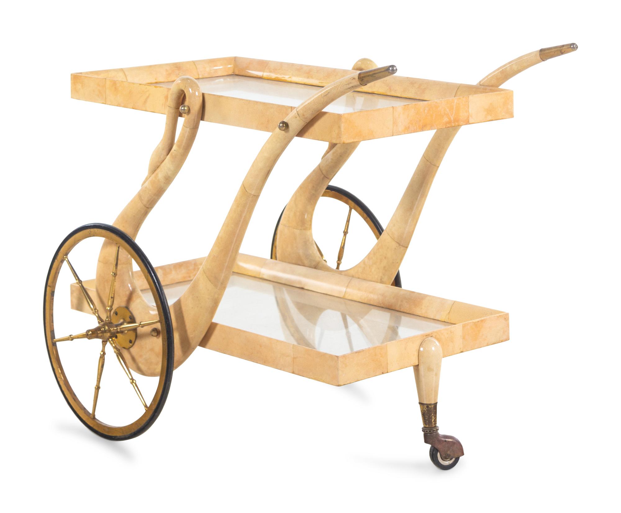 A Parchment Veneered Swan Bar Trolley Attributed to Aldo Tura