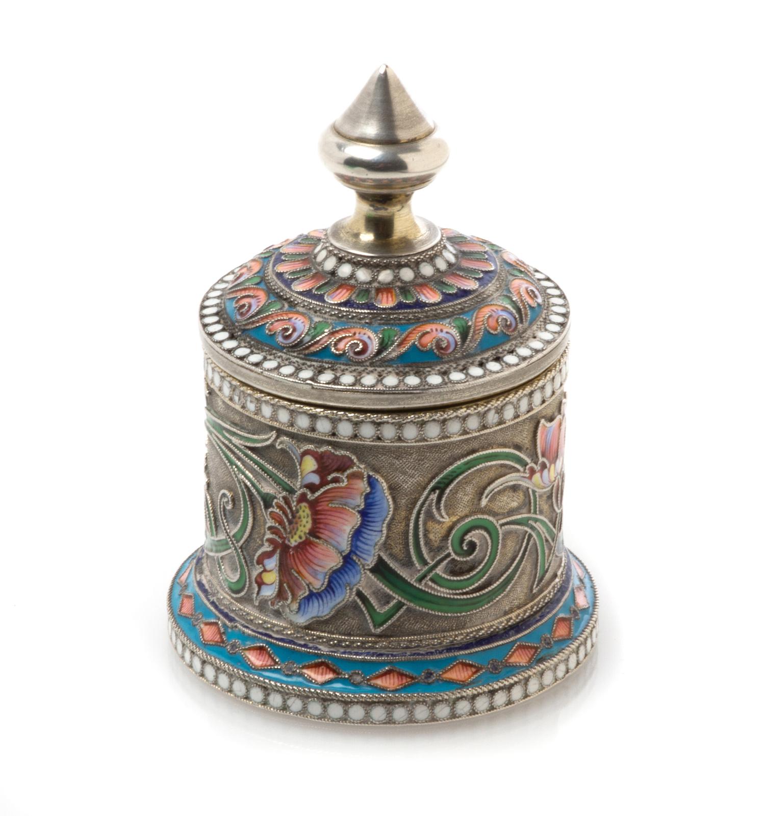 A Russian Silver and Enamel Inkwell, Mark of Vasiili Agafonov, Moscow, late 19th/early 20th century, of cylindrical form, the lid havin