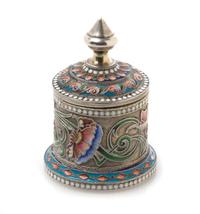 A Russian Silver and Enamel Inkwell, Mark of Vasiili Agafonov, Moscow, late 19th/early 20th century, of cylindrical form, the lid havin