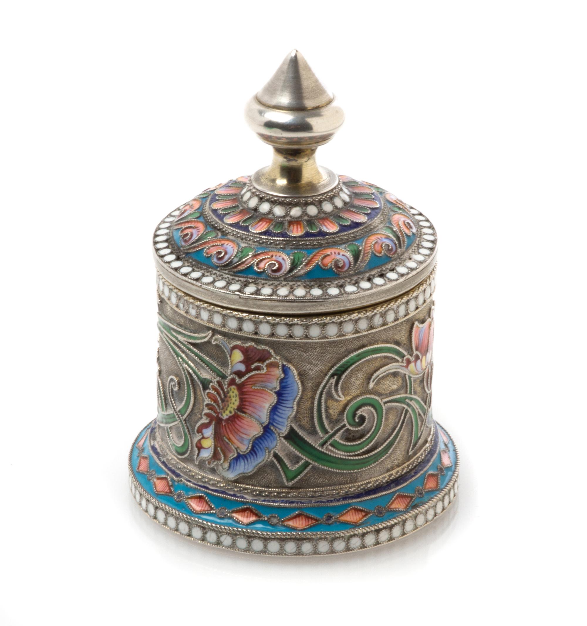 A Russian Silver and Enamel Inkwell, Mark of Vasiili Agafonov, Moscow, late 19th/early 20th century, of cylindrical form, the lid havin