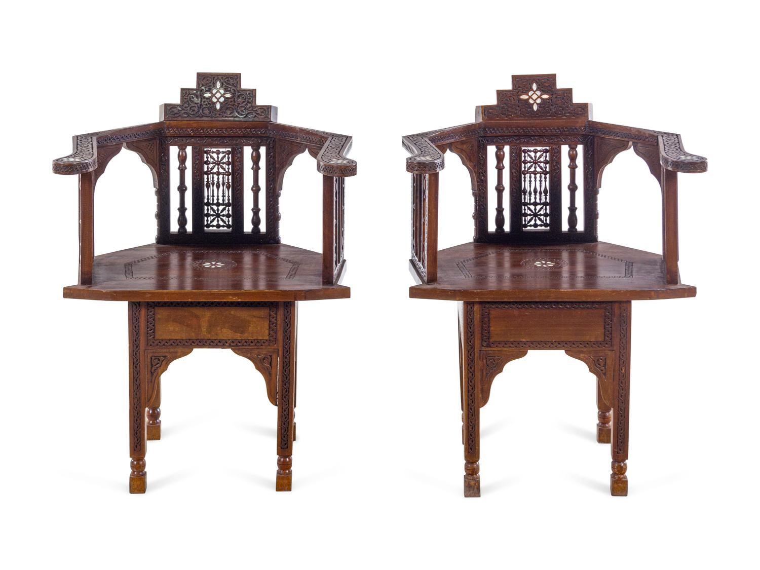 A Pair of Syrian Mother-of-Pearl Inlaid Walnut Armchairs