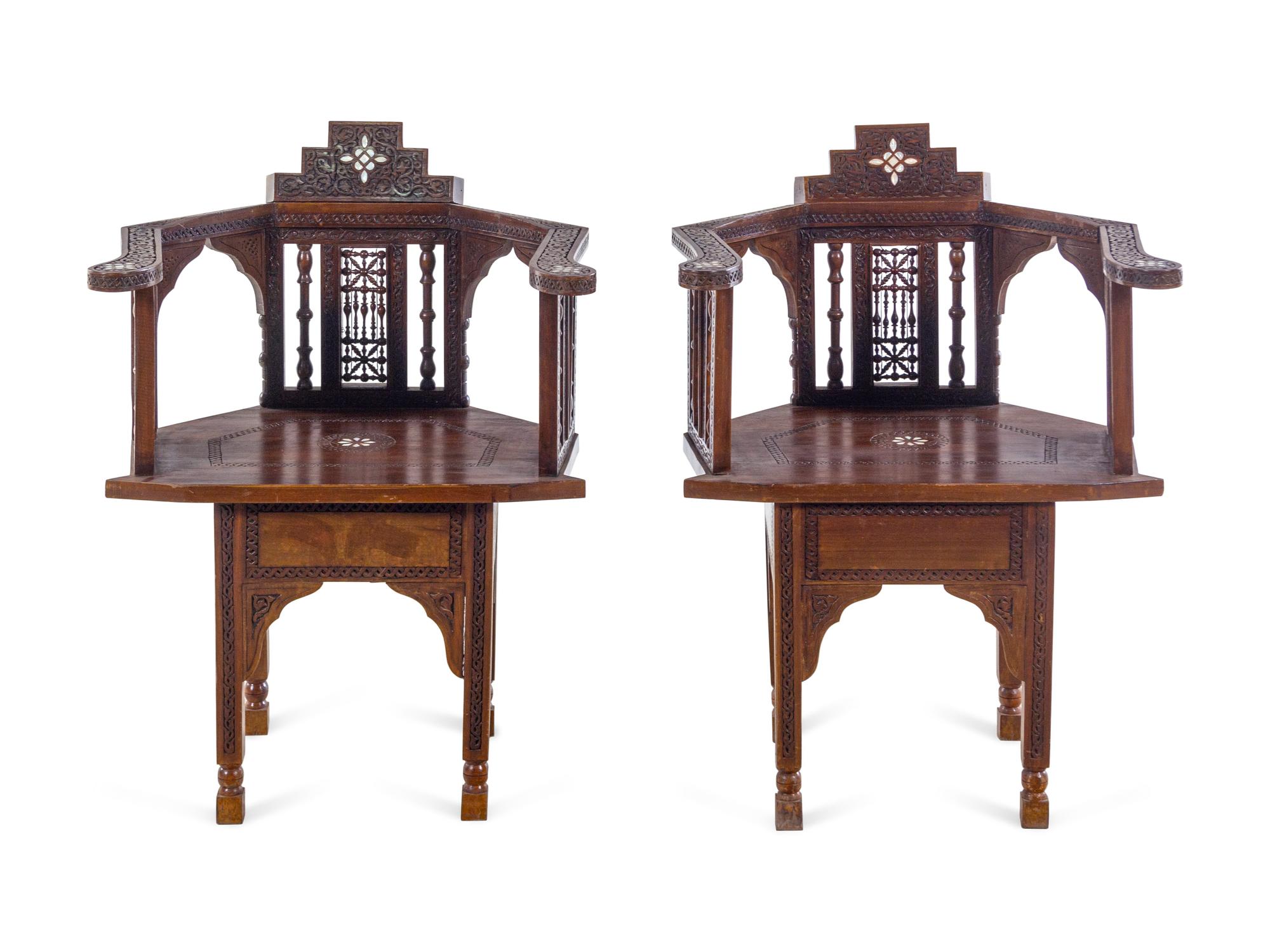 A Pair of Syrian Mother-of-Pearl Inlaid Walnut Armchairs