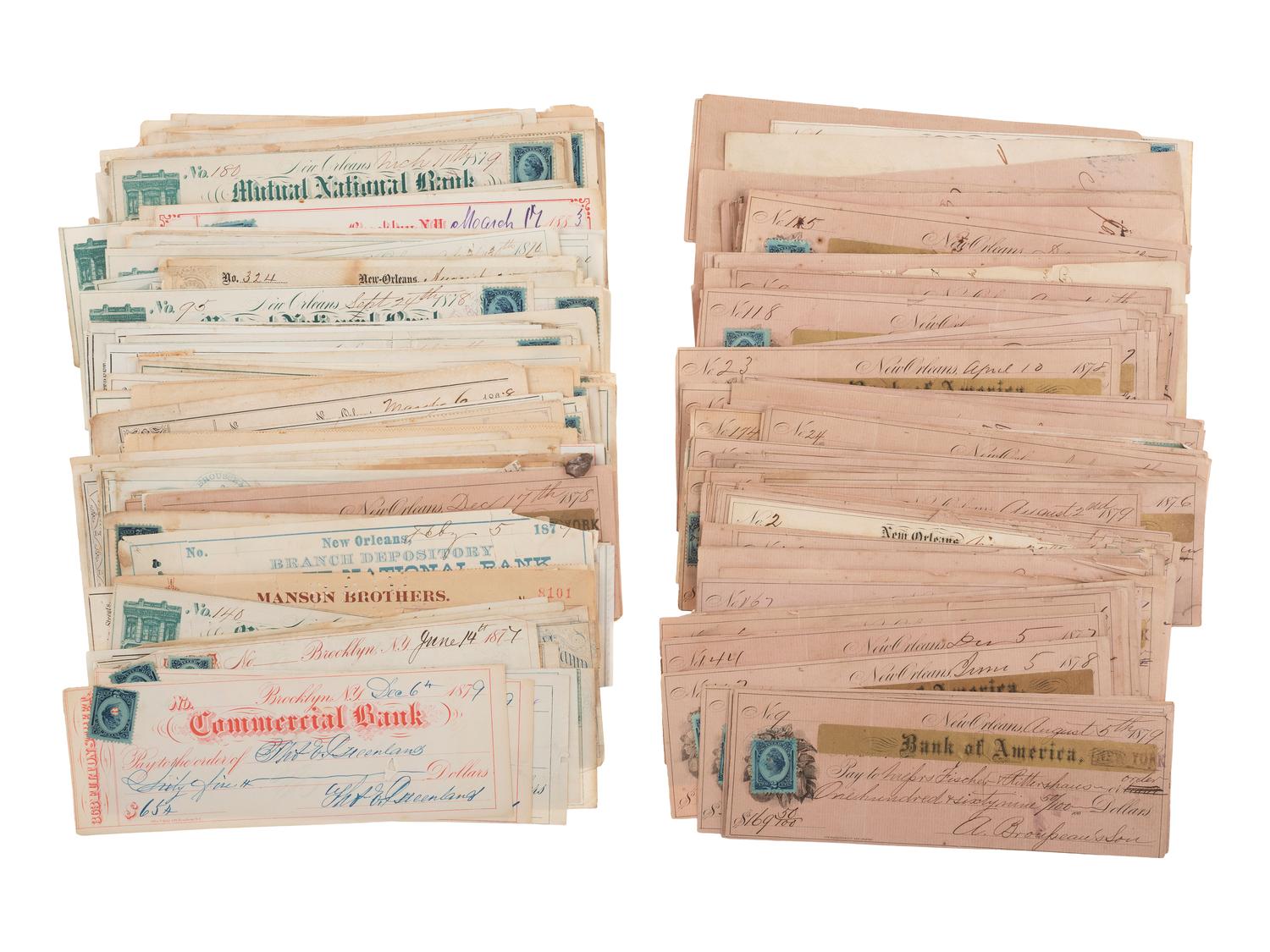 [BUSINESS - LOUISIANA]. Extensive group of 800+ checks & stock certificates, many from Louisiana.