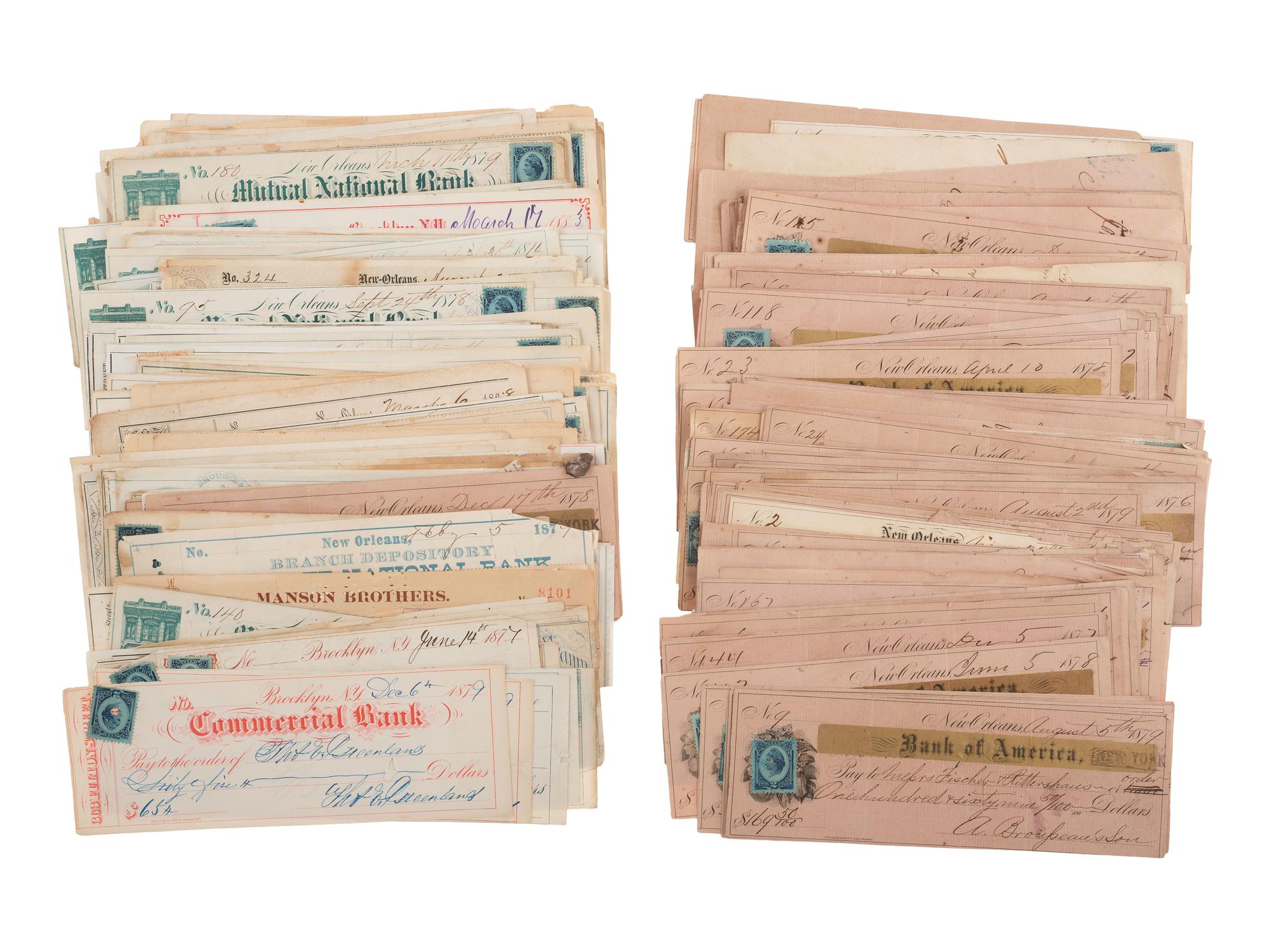 [BUSINESS - LOUISIANA]. Extensive group of 800+ checks & stock certificates, many from Louisiana.