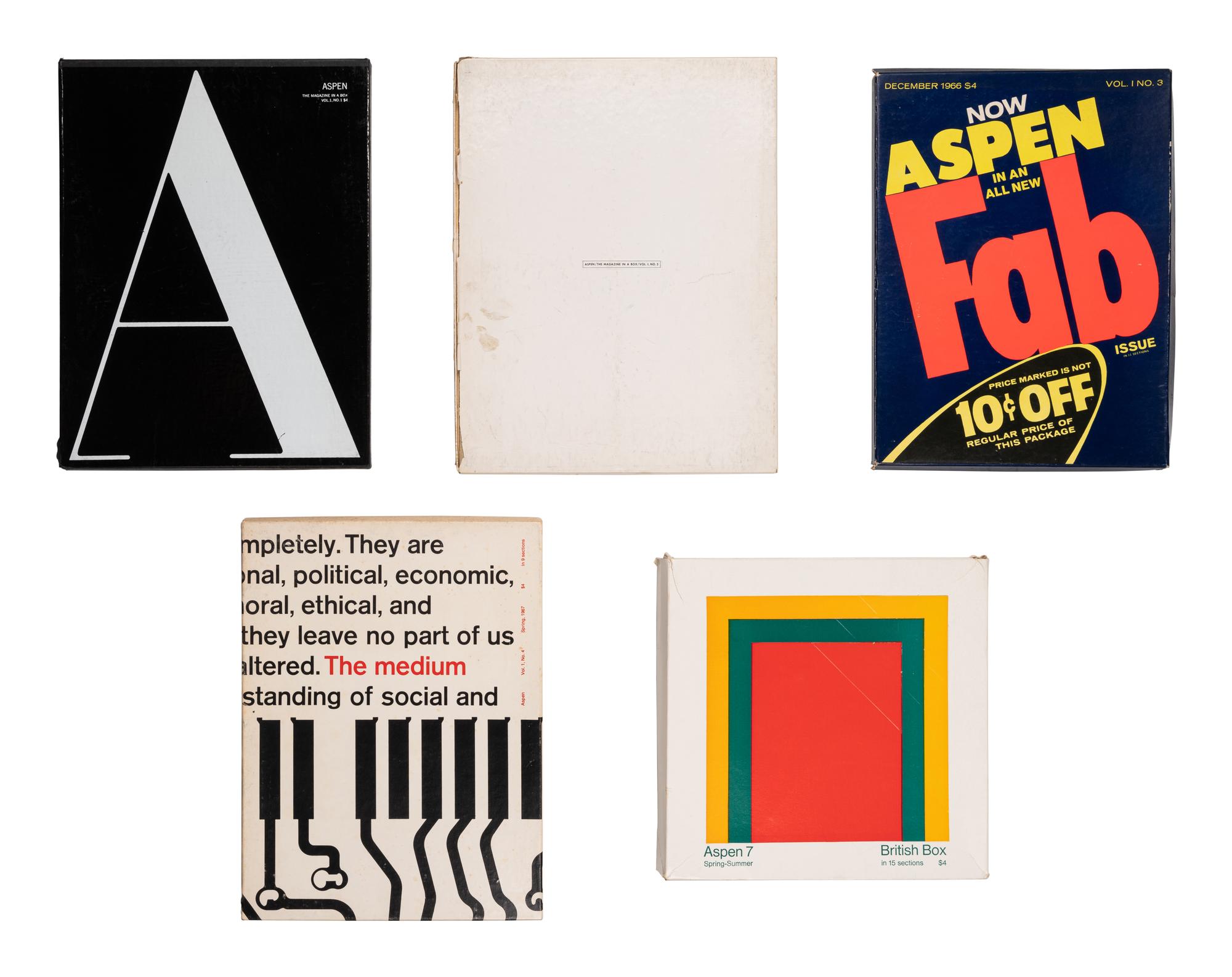 [ARTISTS' BOOKS] -- [ASPEN MAGAZINE]. JOHNSON, Phyllis, editor. Aspen the Magazine in a Box . COMPLETE RUN: Numbers 1, 2, 3, 4, 5&6, 6A, 7, 8, 9, and 10. New York: Roaring Ford Press & Aspen Communications Inc., 1965-1971.