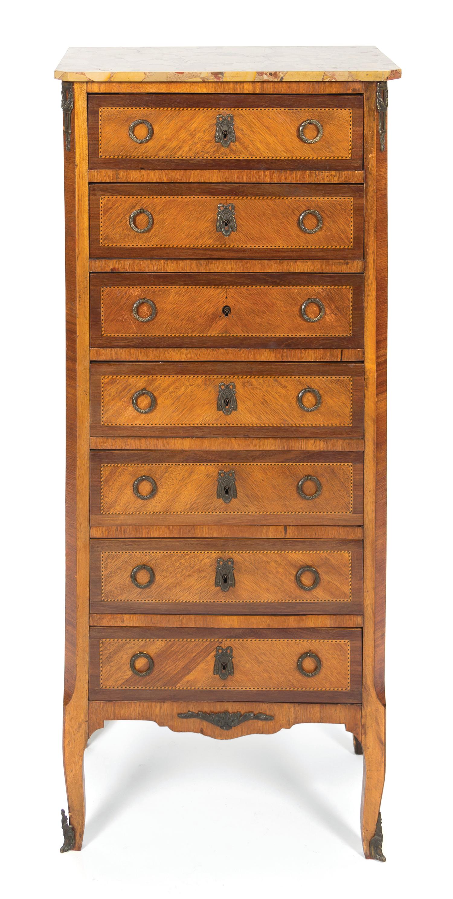 A Louis XV Style Various Woods Semanier, Height 50 1/2 x width 22 1/2 x depth 13 3/4 inches.