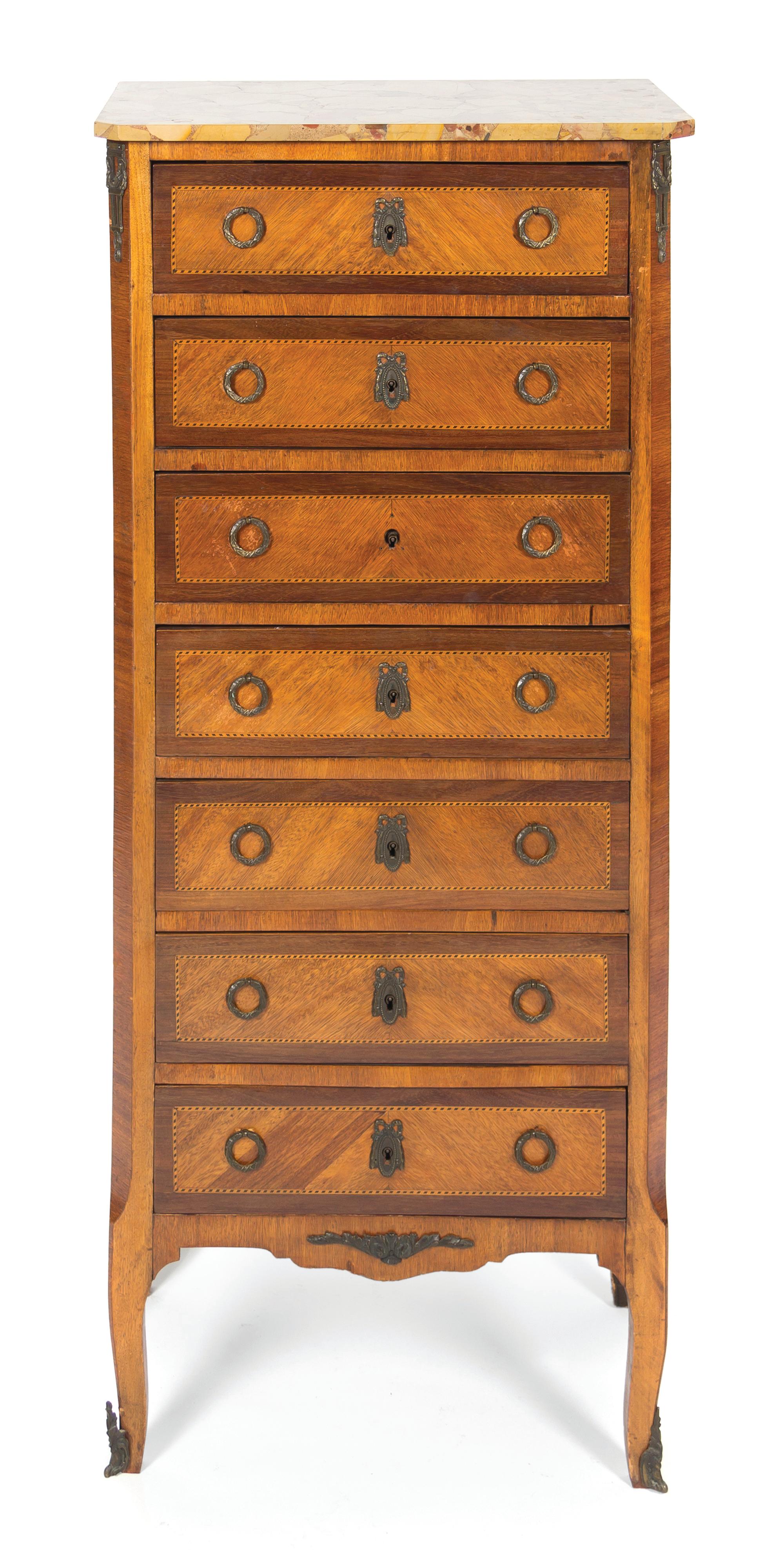 A Louis XV Style Various Woods Semanier, Height 50 1/2 x width 22 1/2 x depth 13 3/4 inches.