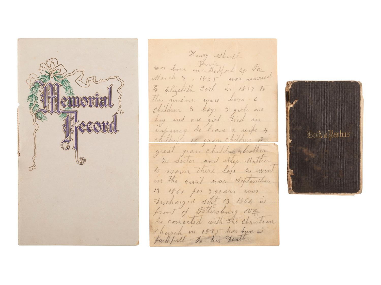 [CIVIL WAR]. Archive related to Henry R. Shull, 1st US Light Artillery, including ambrotype, Book of Psalms, and discharge document.