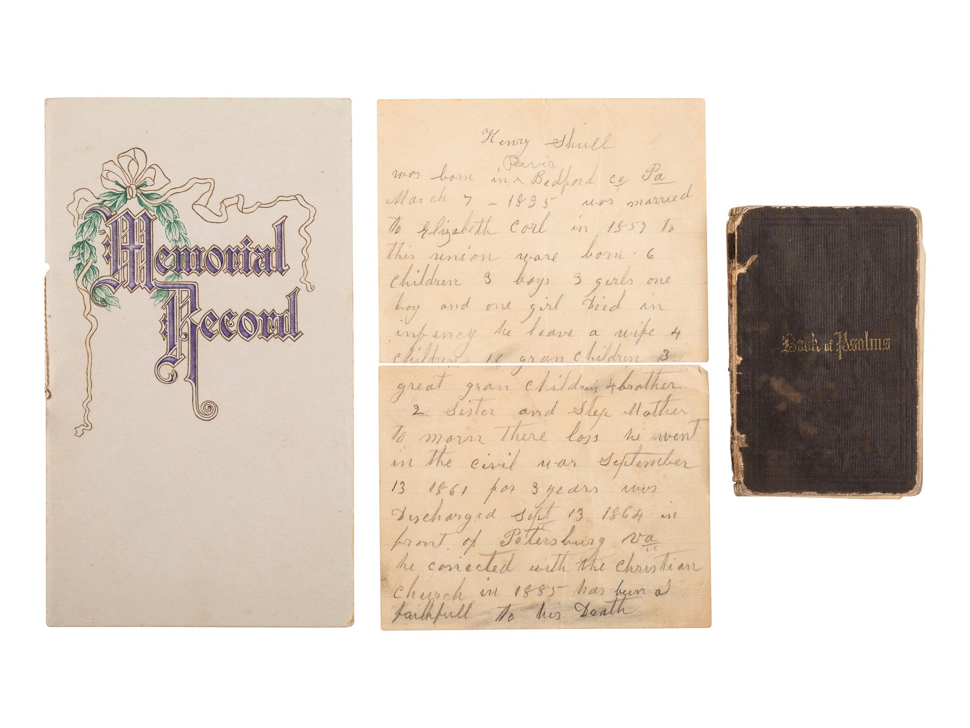 [CIVIL WAR]. Archive related to Henry R. Shull, 1st US Light Artillery, including ambrotype, Book of Psalms, and discharge document.