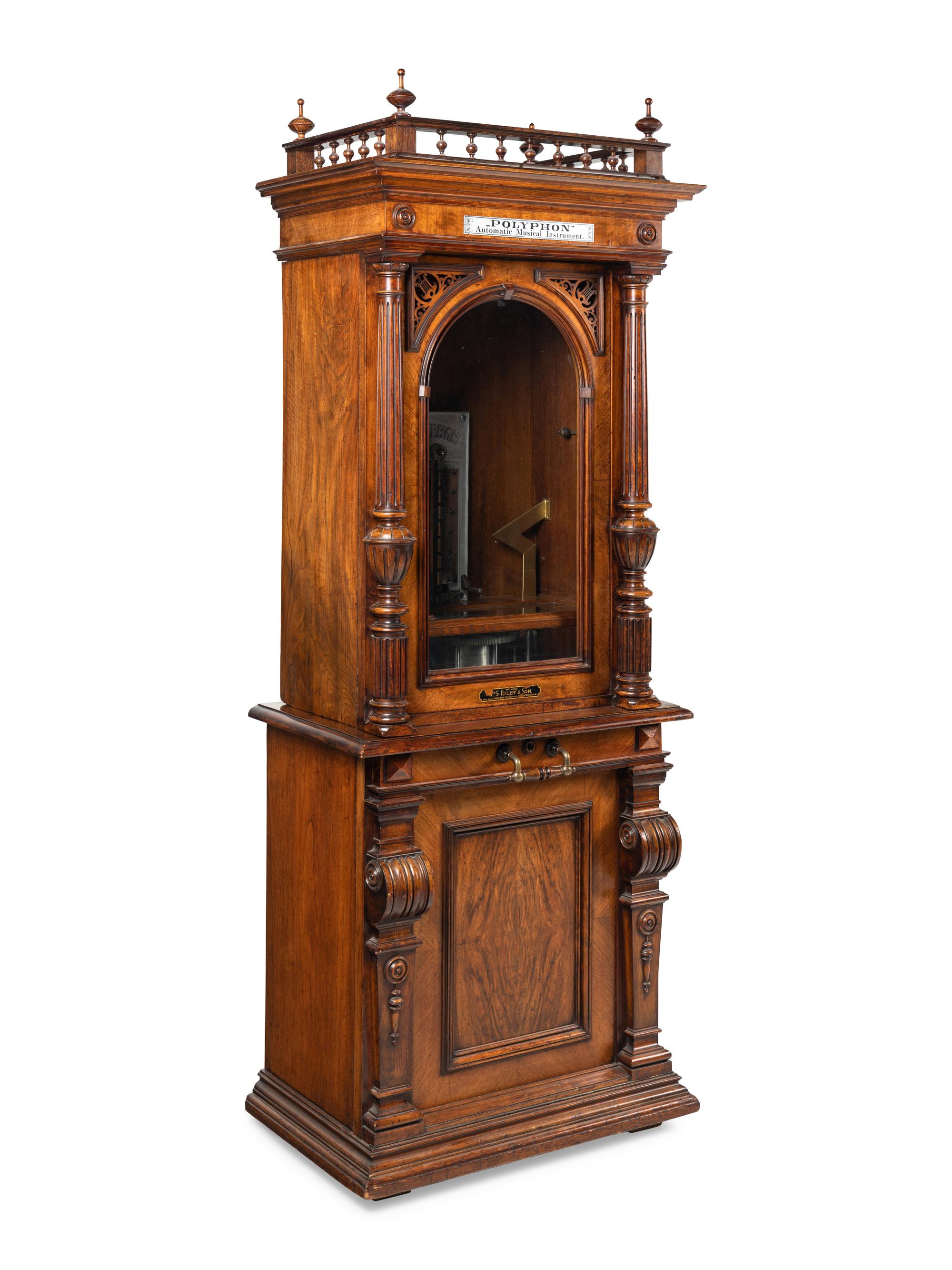 A Polyphon Mikado 24 1/2 Inch Upright Disk Music Box