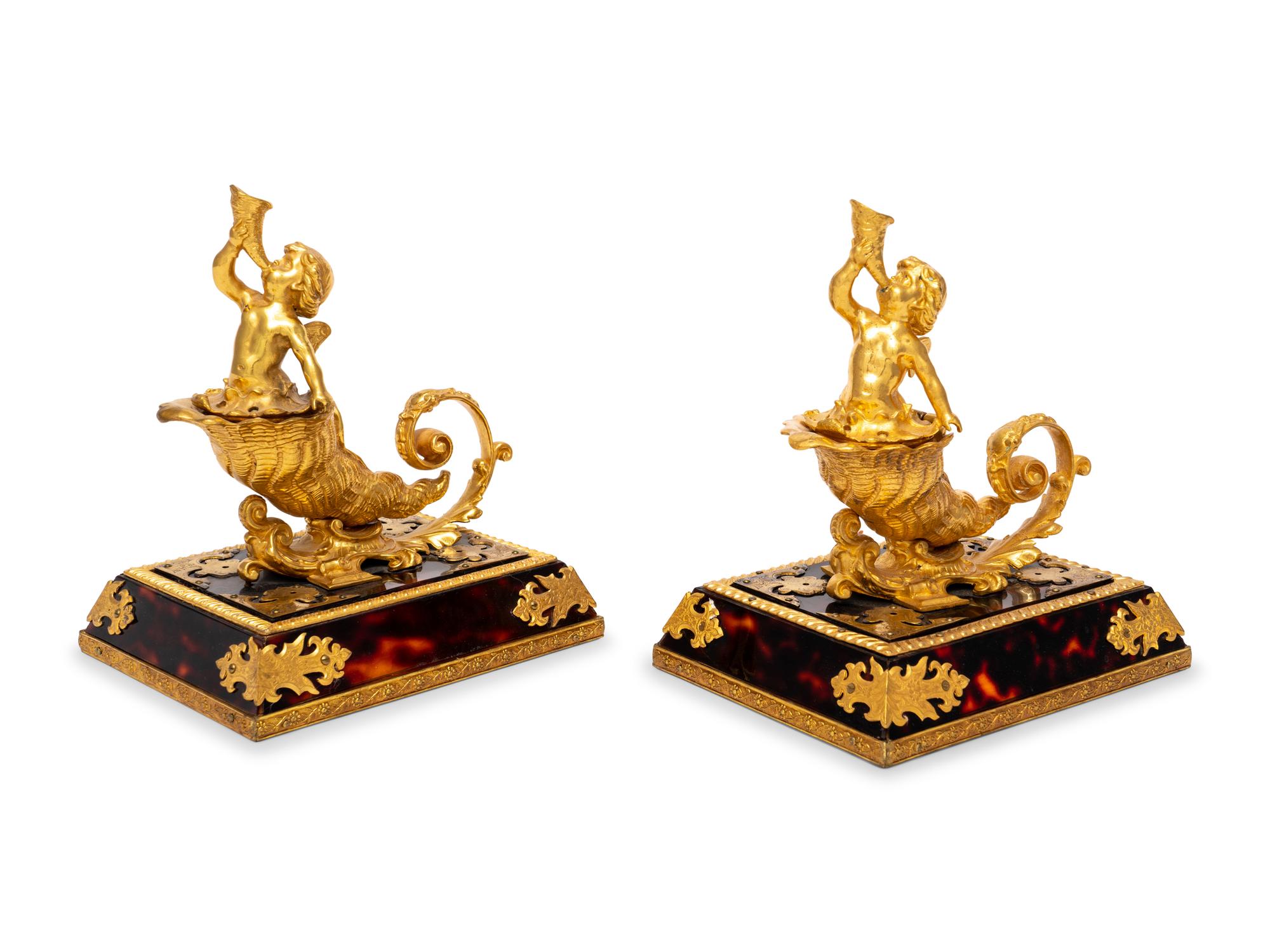 A Pair of French Gilt Bronze and Faux Tortoiseshell Ornaments
