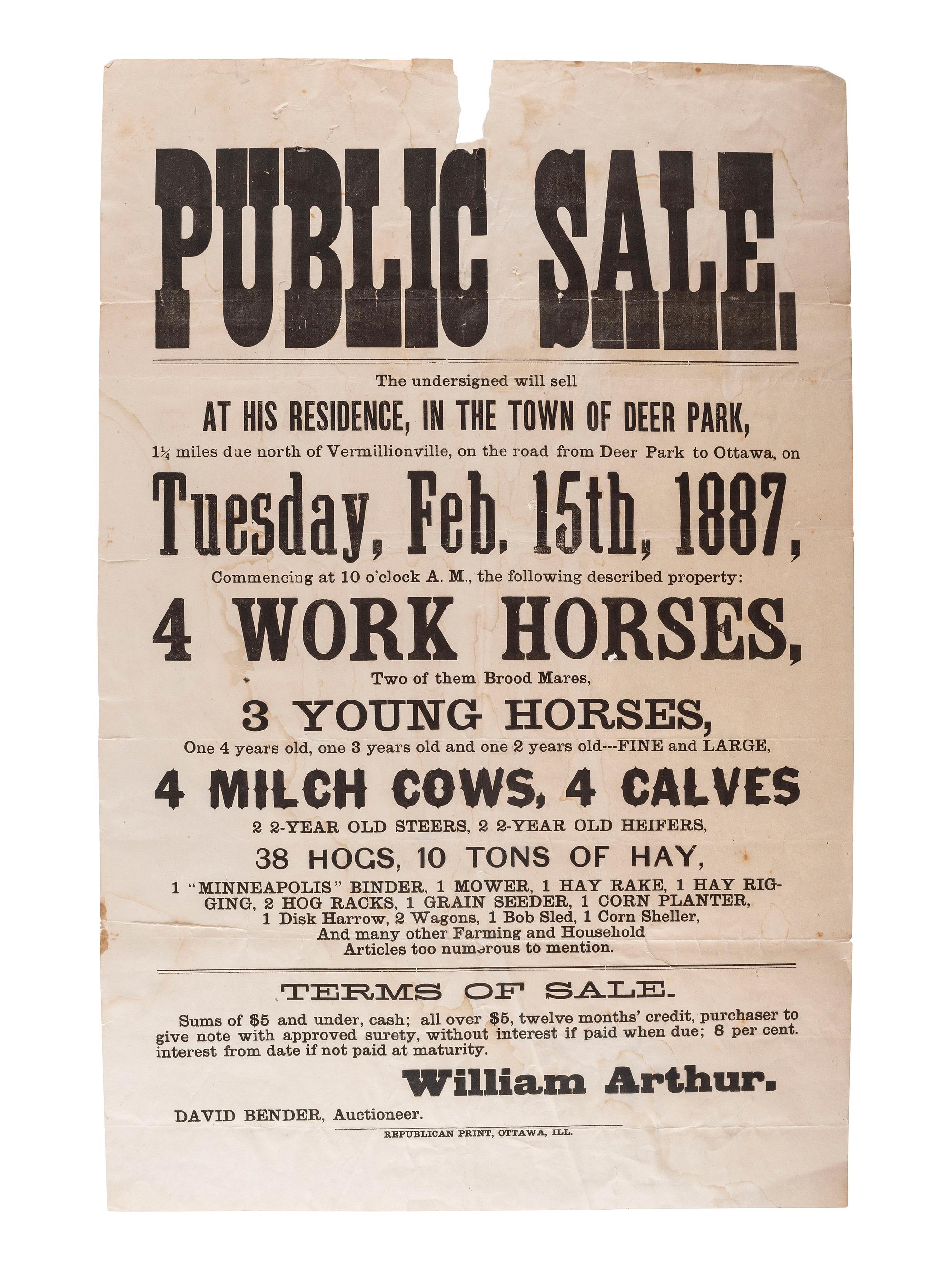 [ILLINOIS]. A group of 3 large nineteenth-century land and estate sale broadsides, comprising: