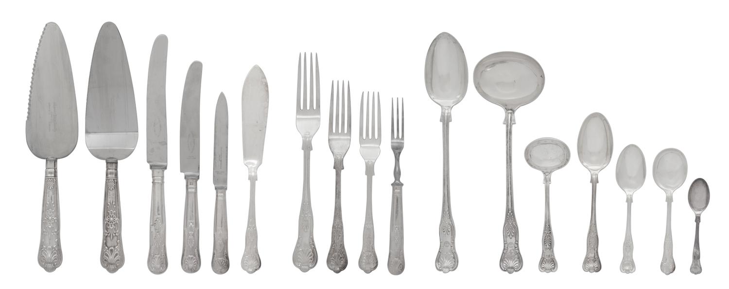 An English Partial Silver and Silver Plate Flatware Service, Mappin & Webb, Sheffield, 1915, in the King's pattern, comprising: 12 dinn