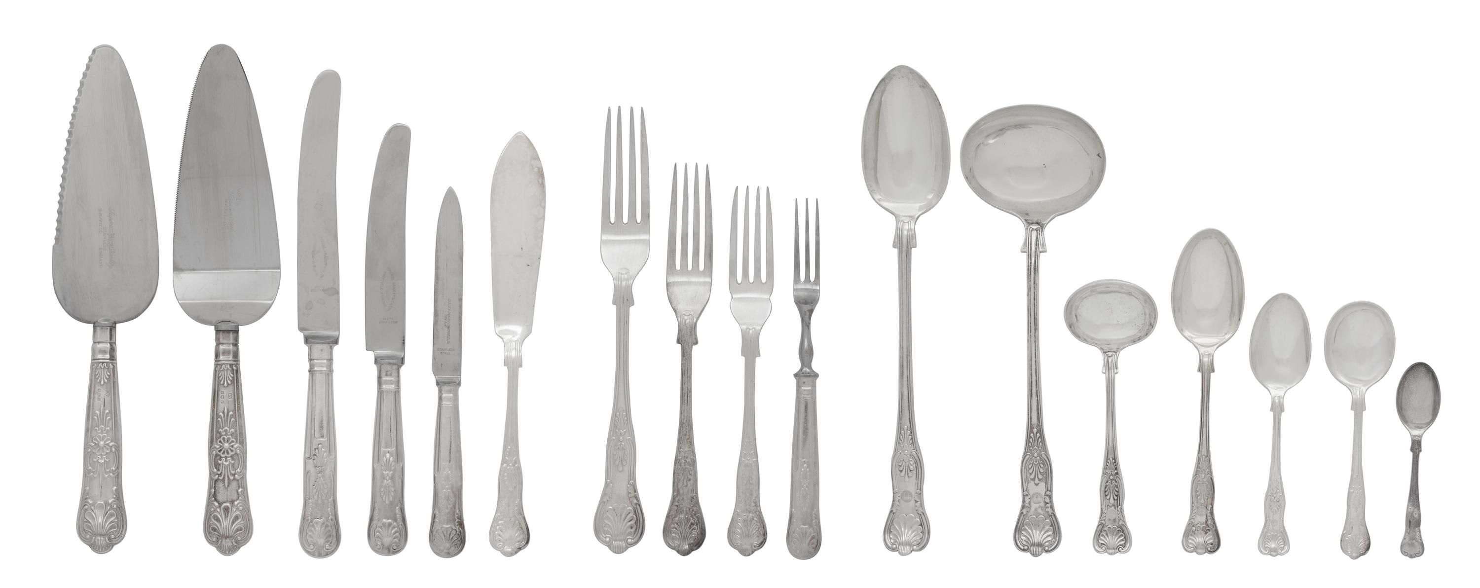An English Partial Silver and Silver Plate Flatware Service, Mappin & Webb, Sheffield, 1915, in the King's pattern, comprising: 12 dinn