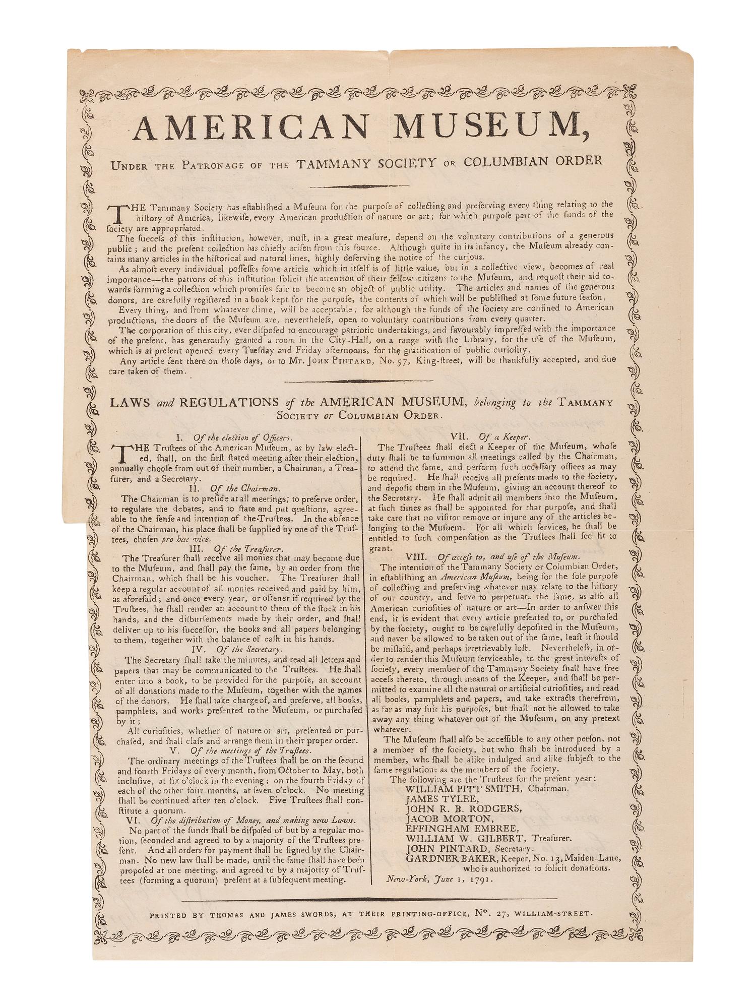 [MUSEUMS]. American Museum, Under the Patronage of the Tammany Society or Columban Order. [Process facsimile broadside, ca 1860, after New York: Thomas and James Swords, June 1791].