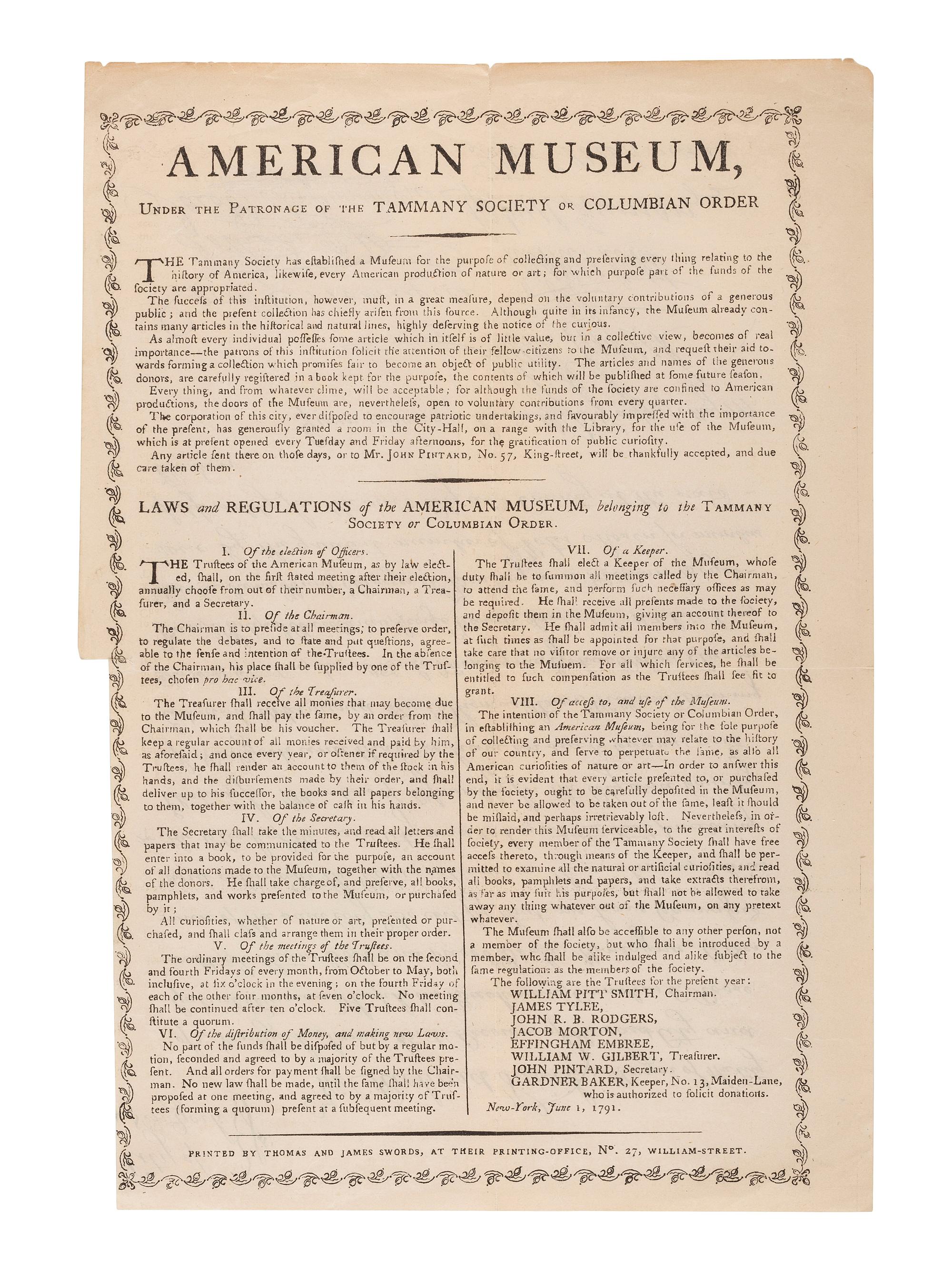 [MUSEUMS]. American Museum, Under the Patronage of the Tammany Society or Columban Order. [Process facsimile broadside, ca 1860, after New York: Thomas and James Swords, June 1791].
