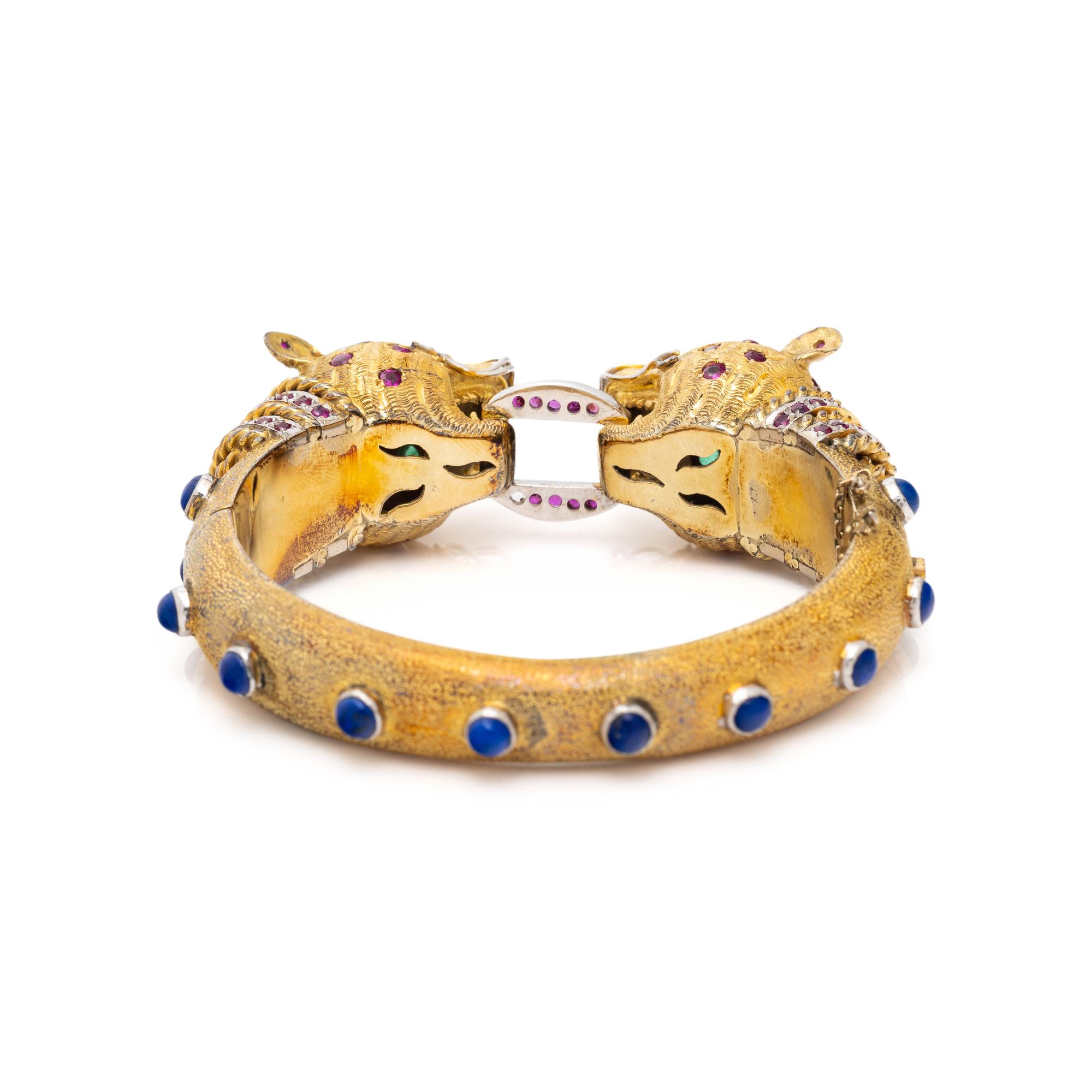 EMERALD, RUBY, DIAMOND, LAPIS LAZULI, AND YELLOW GOLD LEOPARD BANGLE BRACELET